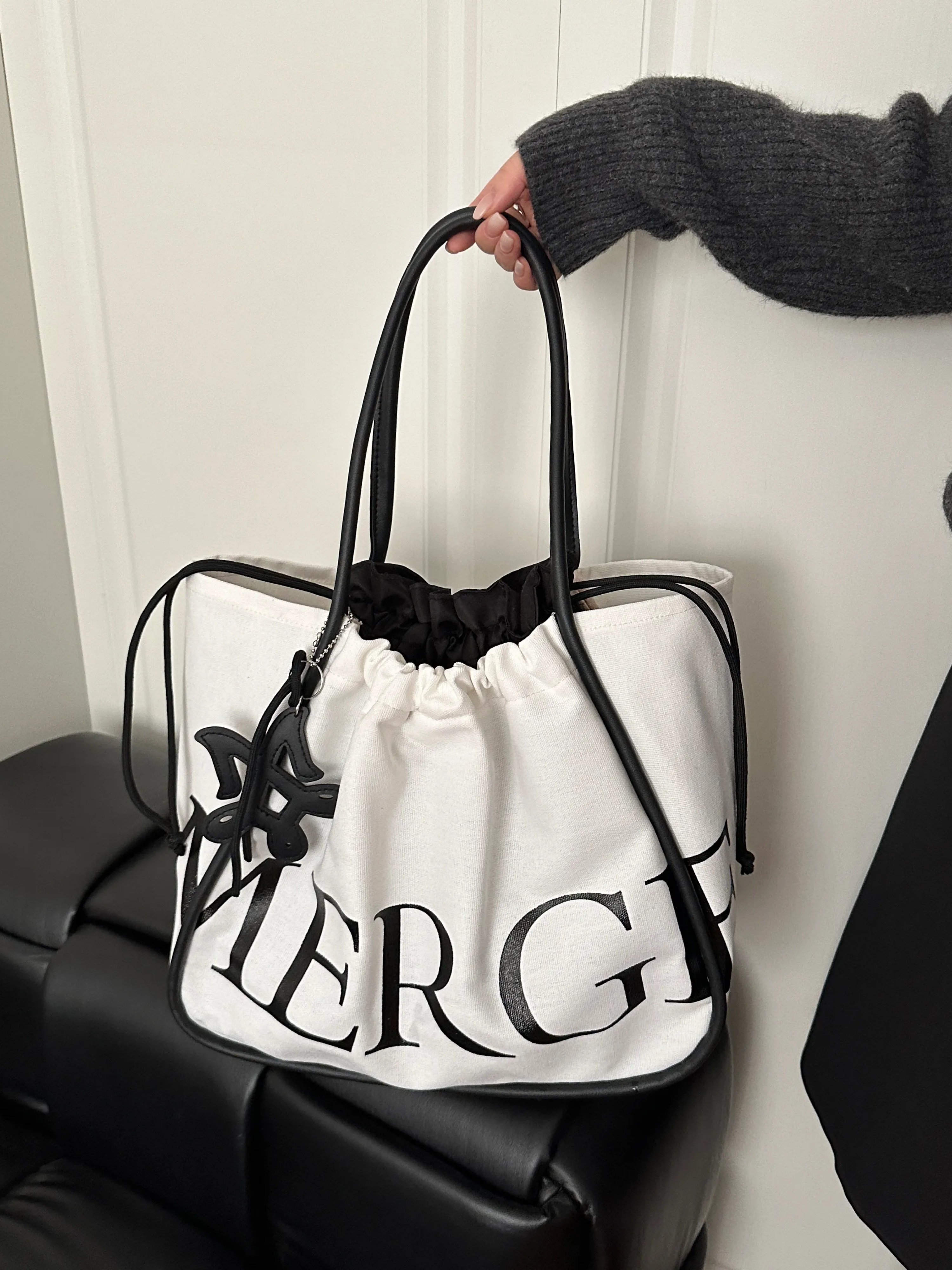 White Canvas Tote Bag with Drawstring Closure
