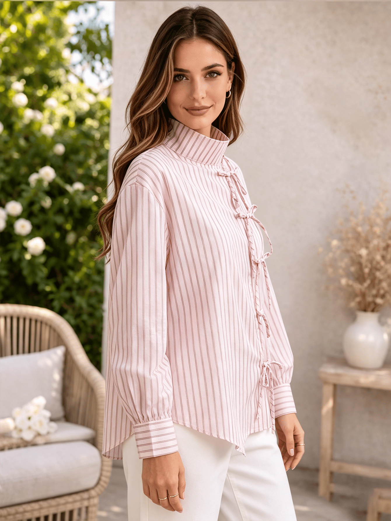 Pink Striped Long Sleeve Tie-Front Shirt