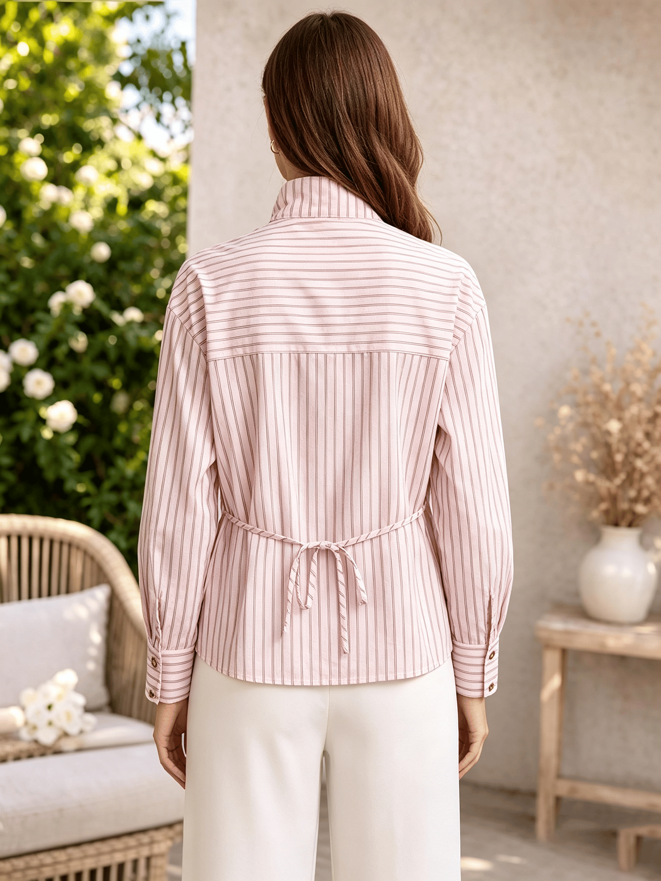 Pink Striped Long Sleeve Tie-Front Shirt