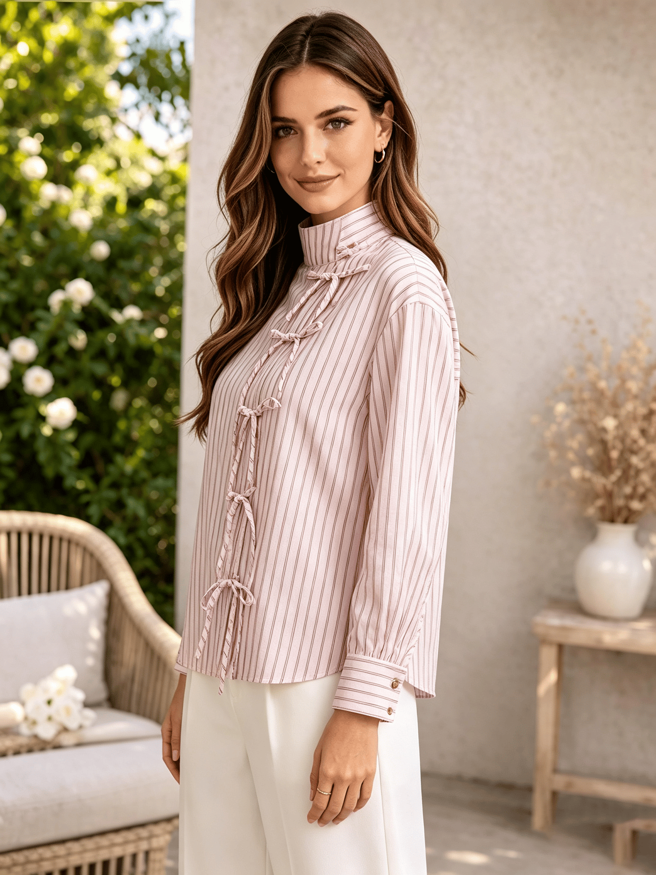 Pink Striped Long Sleeve Tie-Front Shirt