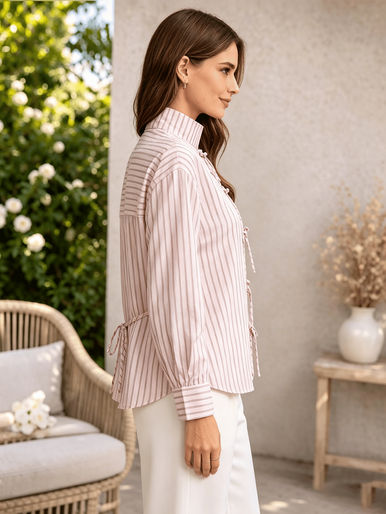 Pink Striped Long Sleeve Tie-Front Shirt