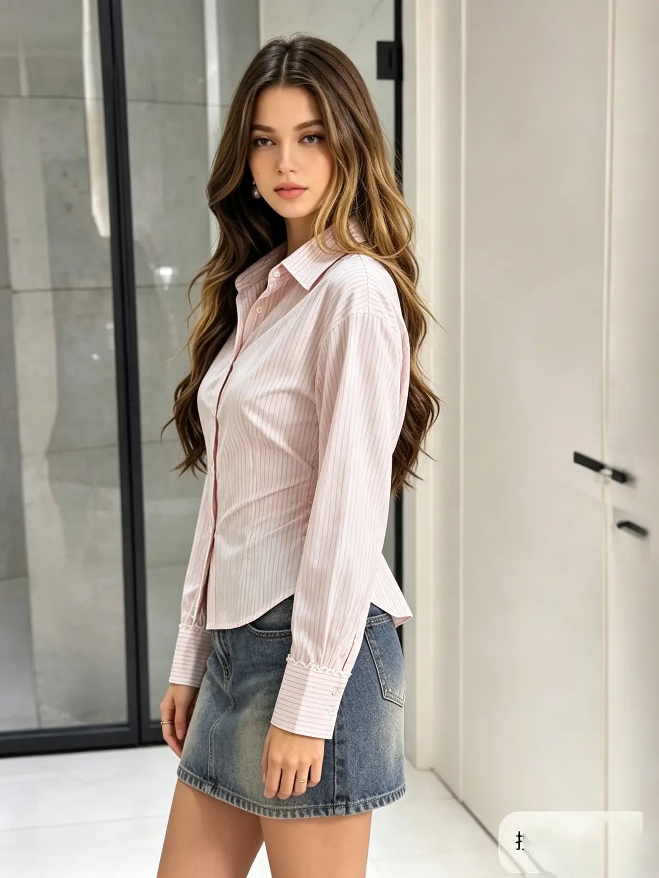 Pink Striped Long Sleeve Fitted Shirt with Lace Cuffs