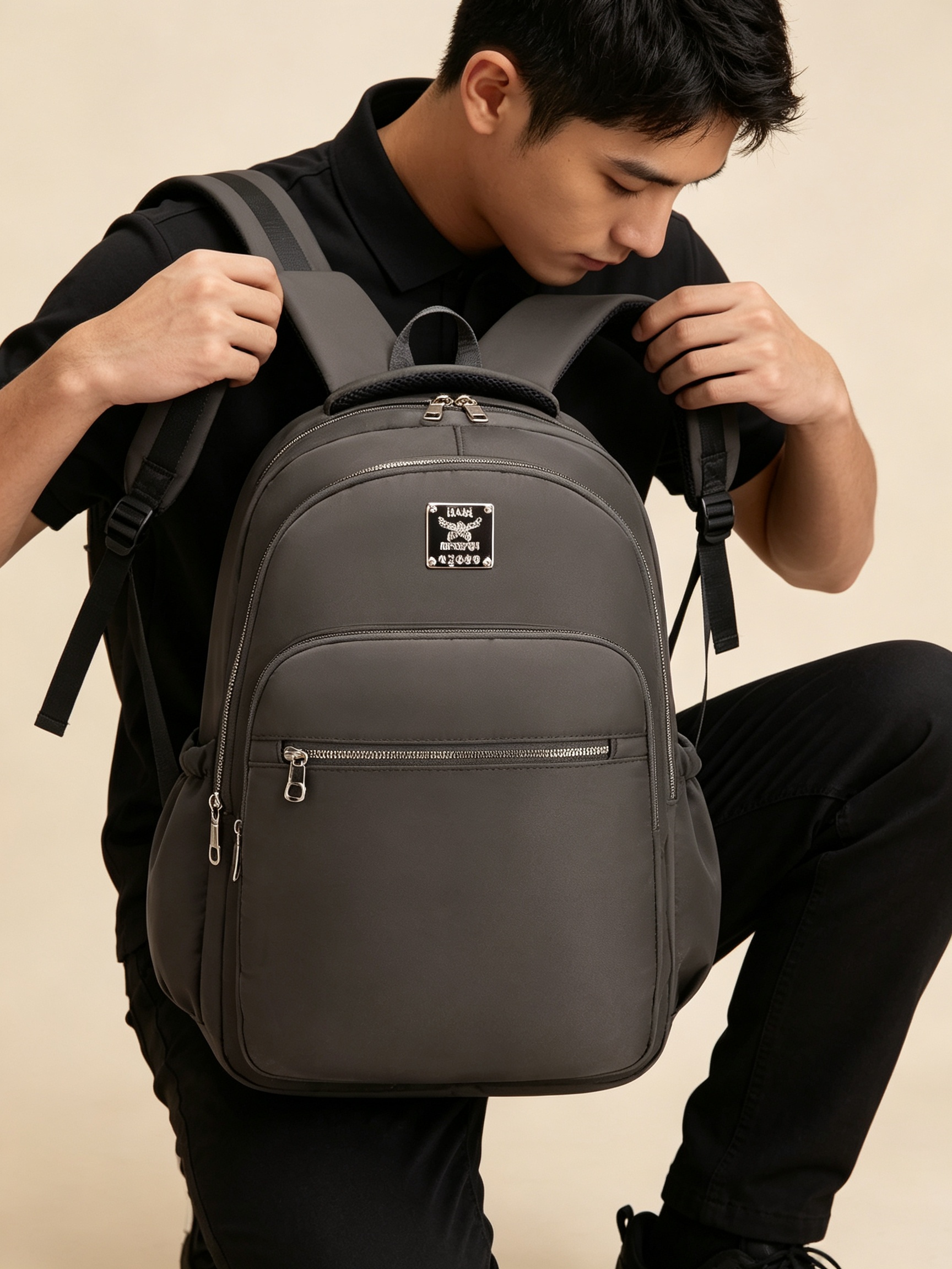 Grey Solid Patchwork Urban Backpack
