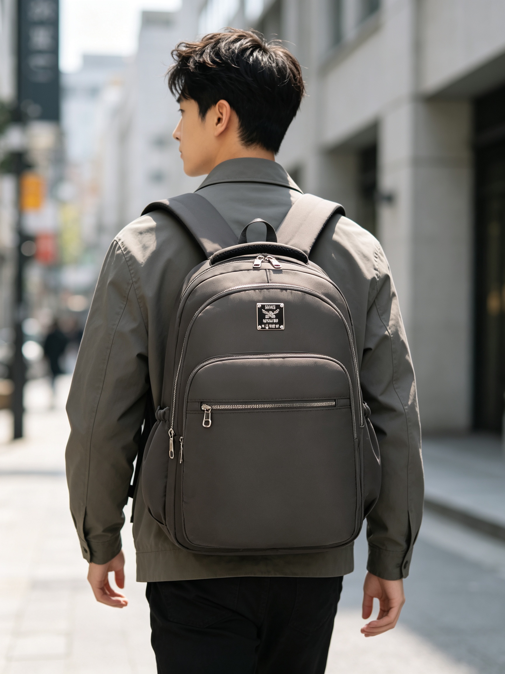 Grey Solid Patchwork Urban Backpack