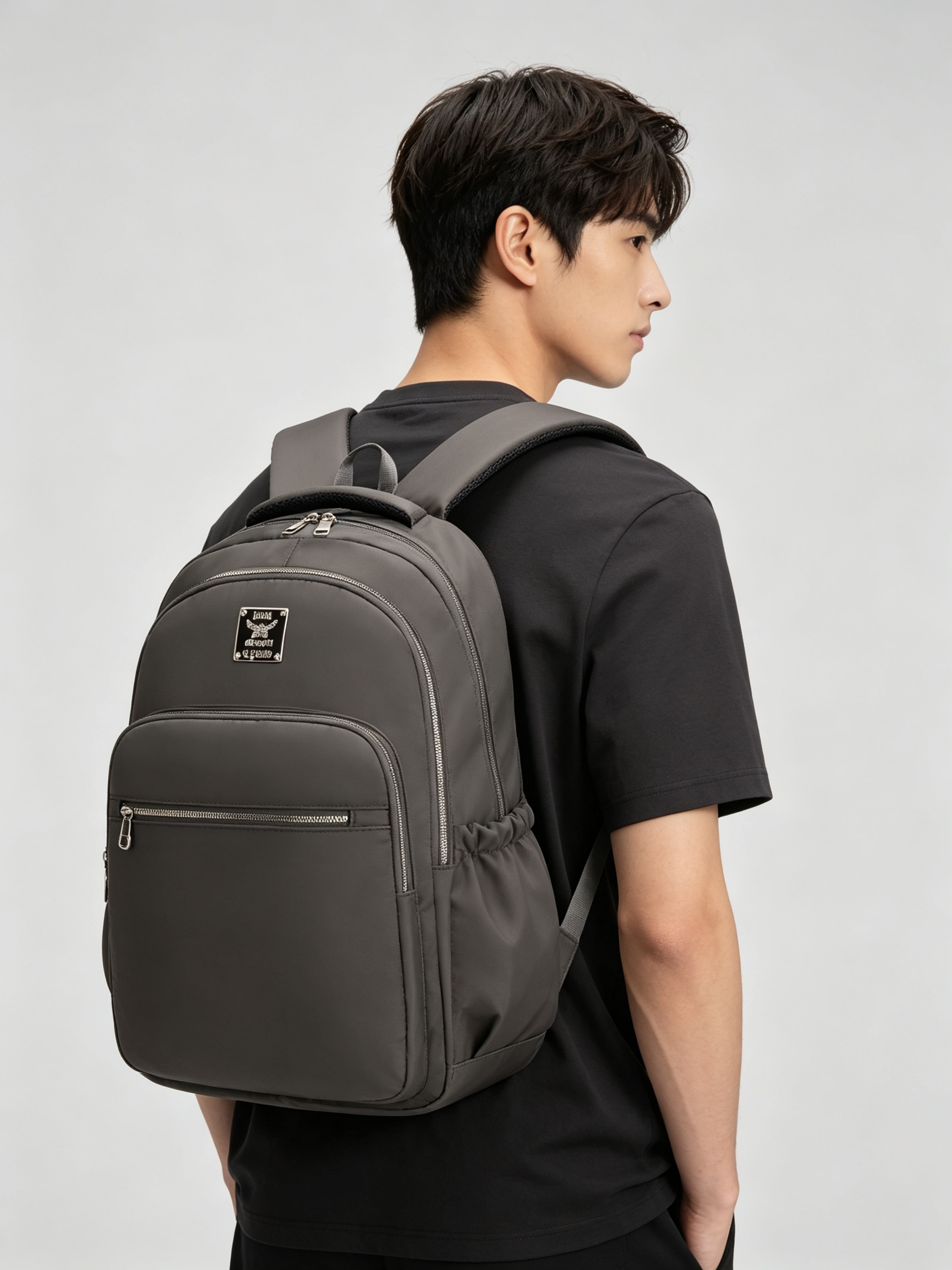 Grey Solid Patchwork Urban Backpack