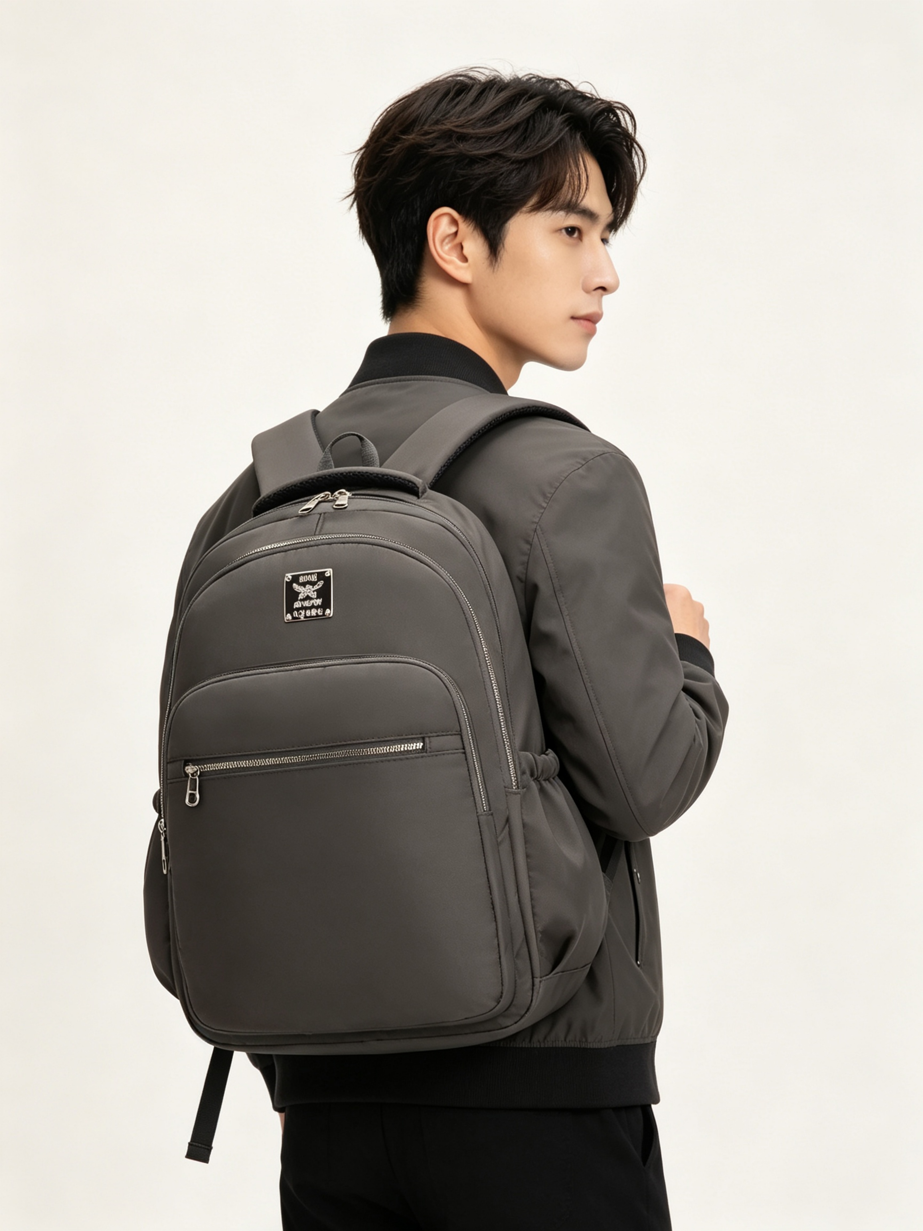 Grey Solid Patchwork Urban Backpack