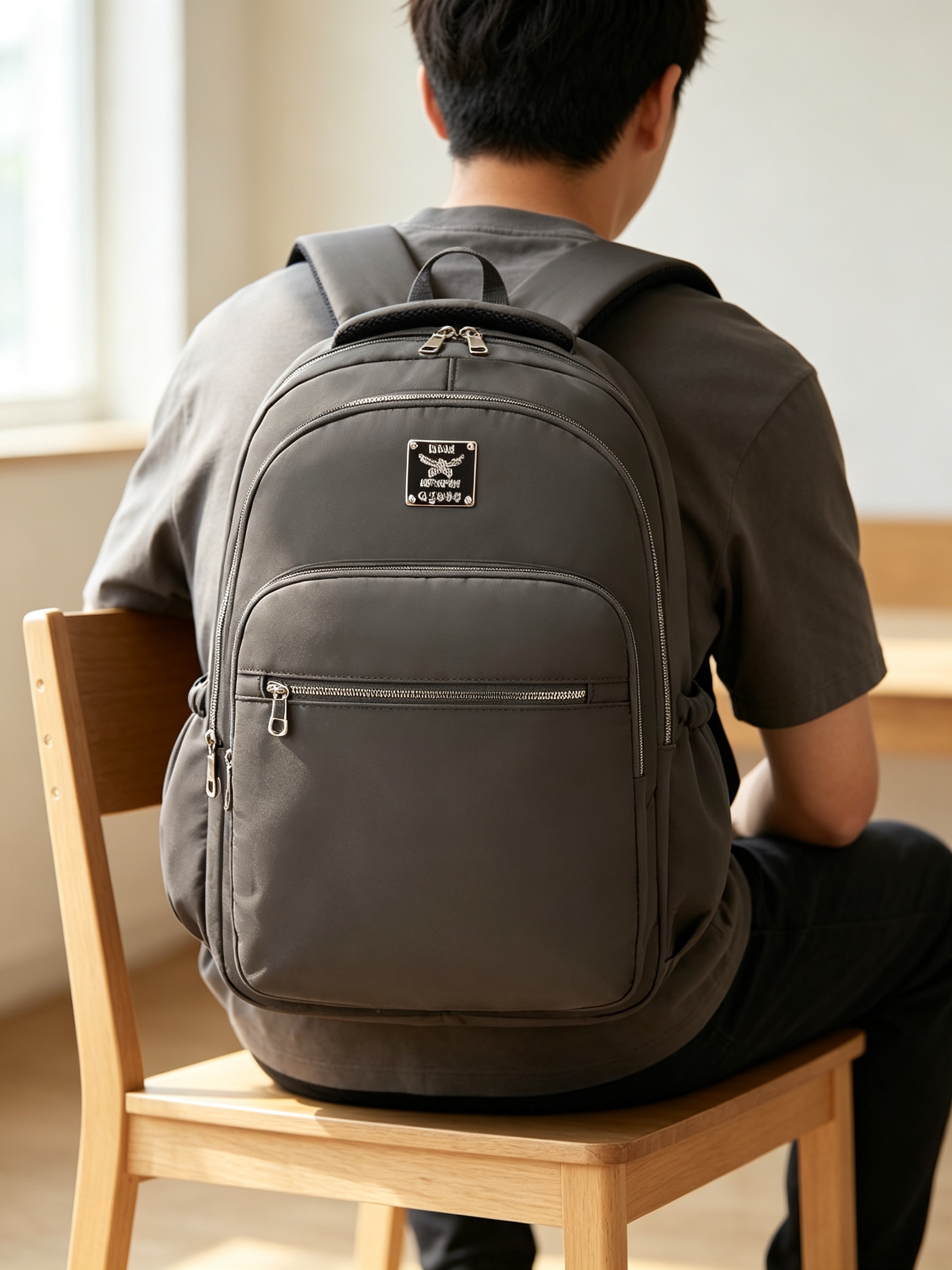 Grey Solid Patchwork Urban Backpack