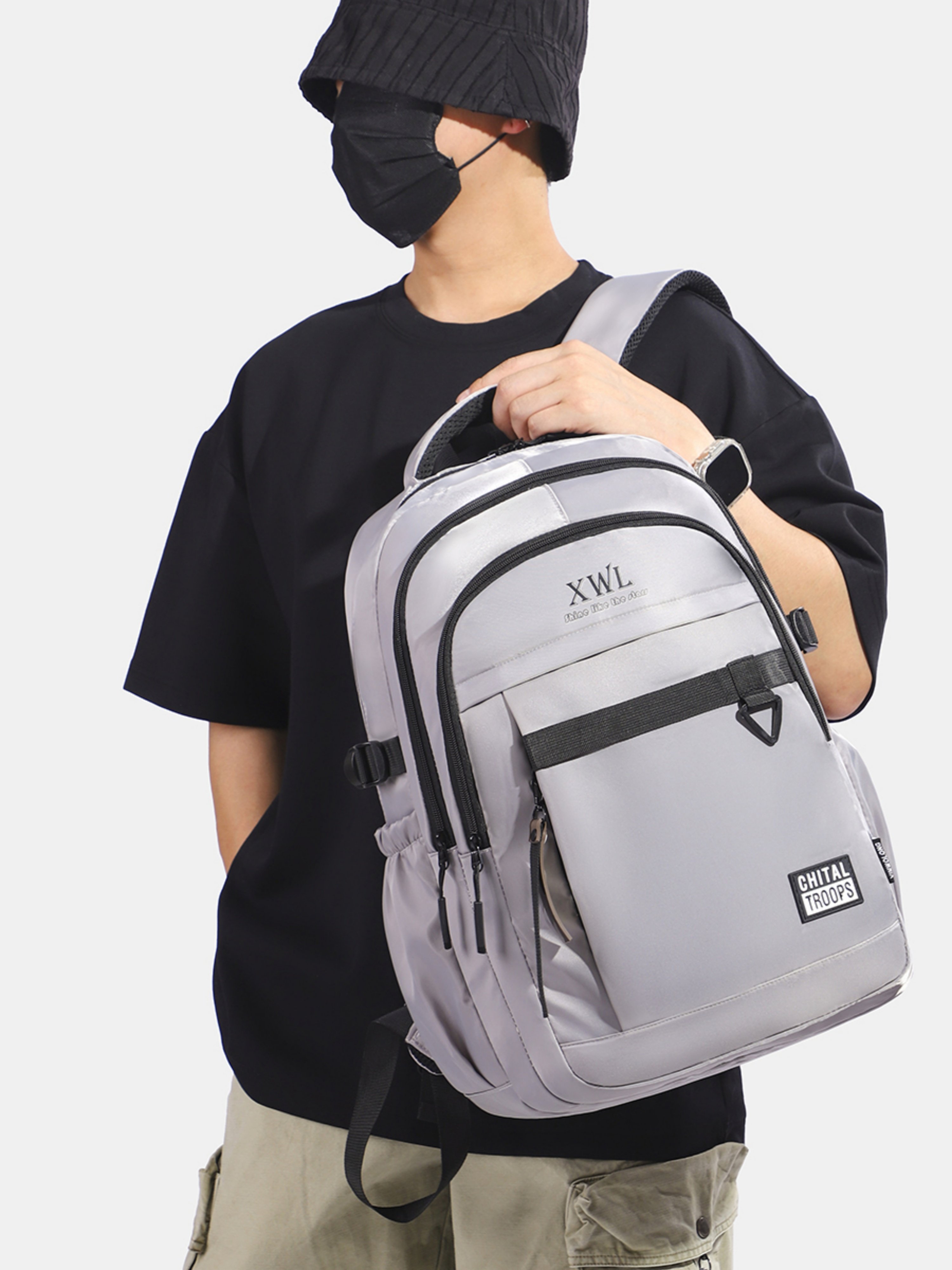 Grey Patchwork Multi Compartments Backpack