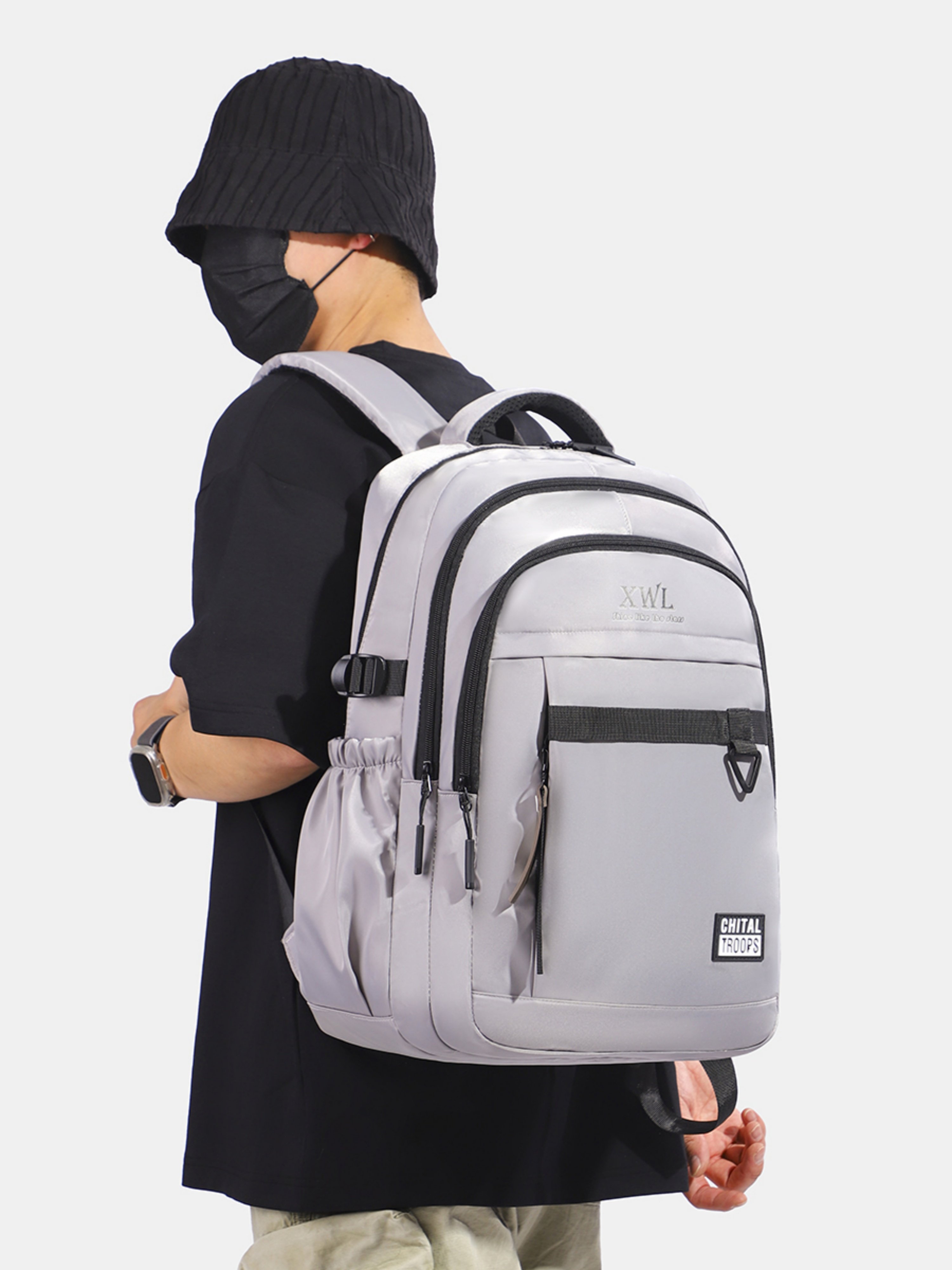 Grey Patchwork Multi Compartments Backpack