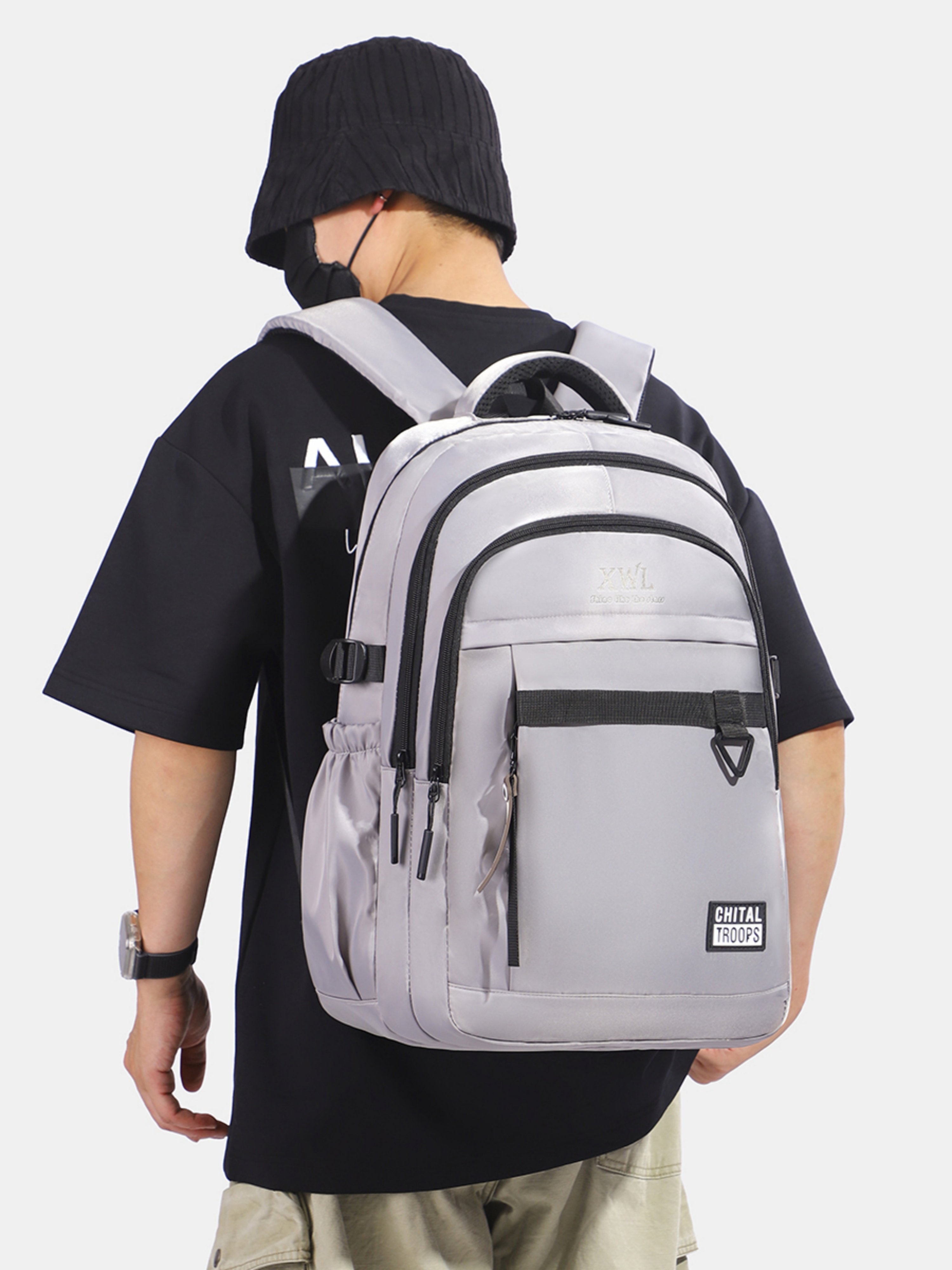 Grey Patchwork Multi Compartments Backpack