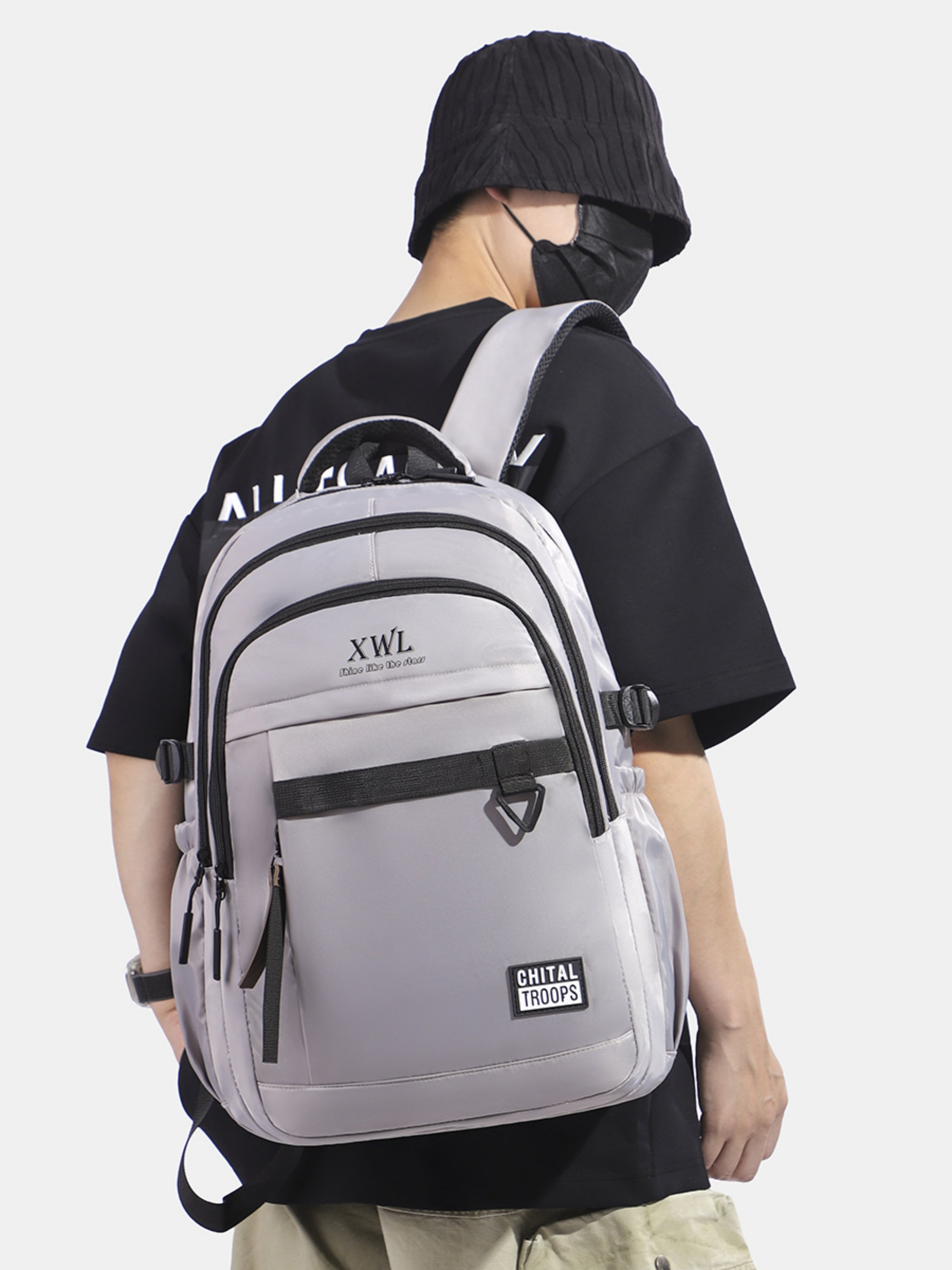 Grey Patchwork Multi Compartments Backpack