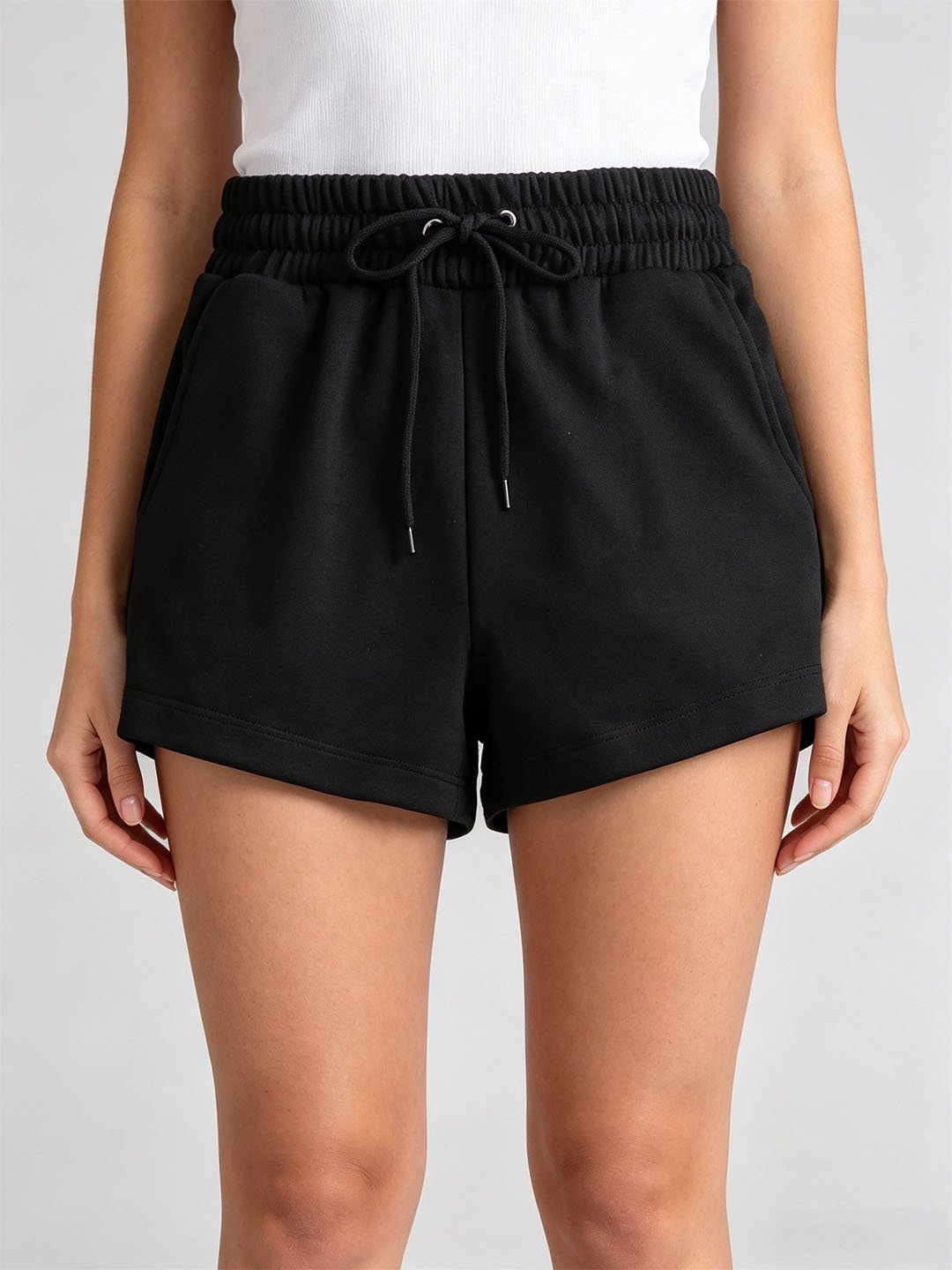 Black Solid Knitted Drawstring Waist Shorts