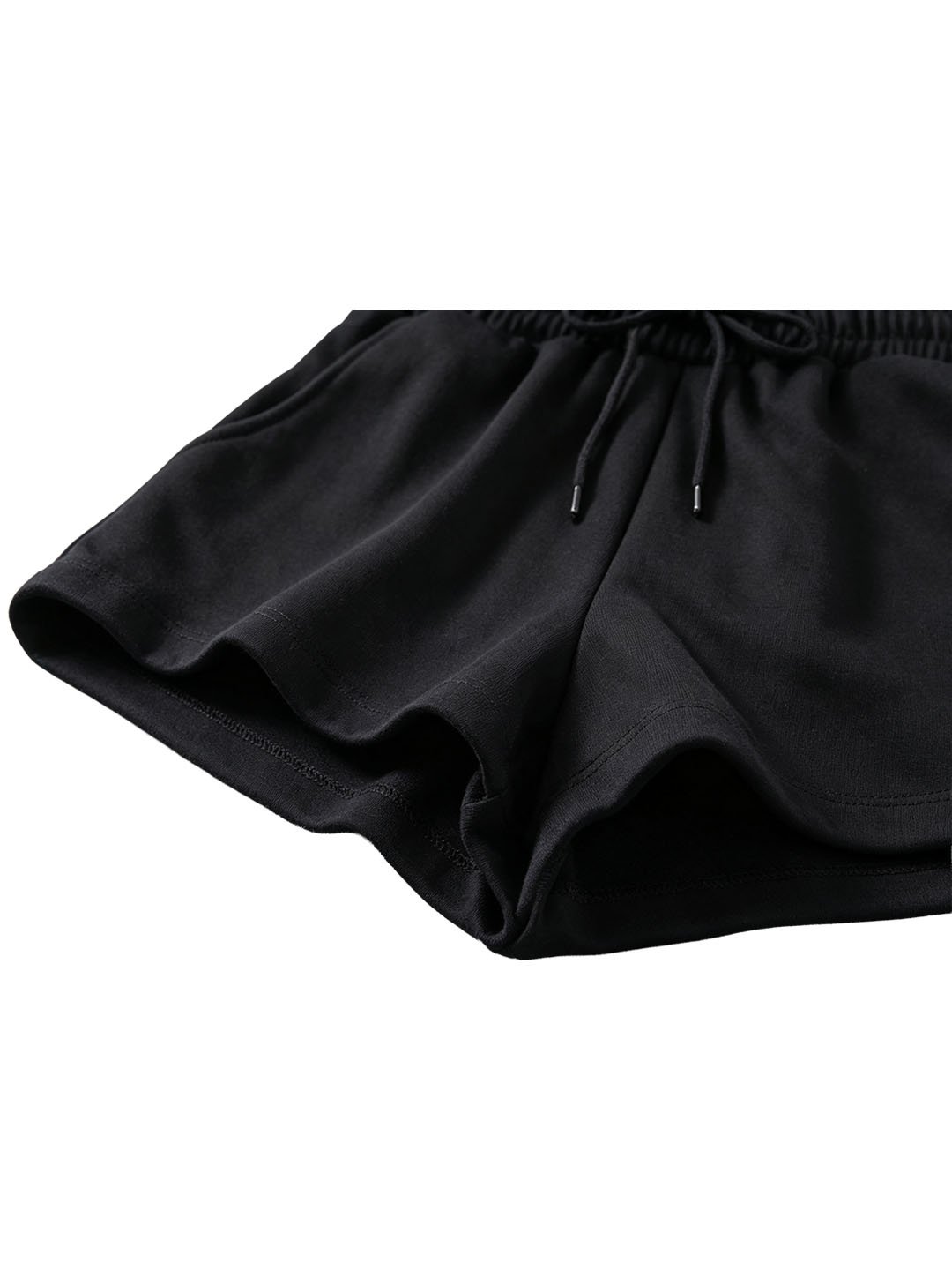 Black Solid Knitted Drawstring Waist Shorts