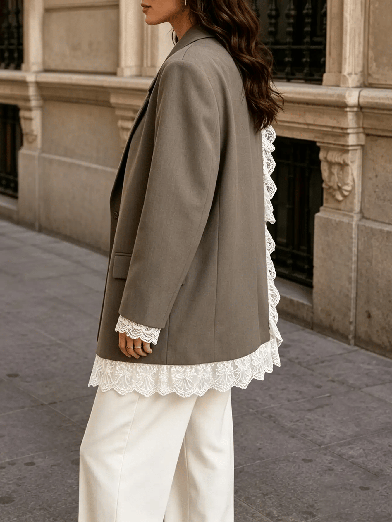 Grey Oversized Blazer Jacket with Lace Details