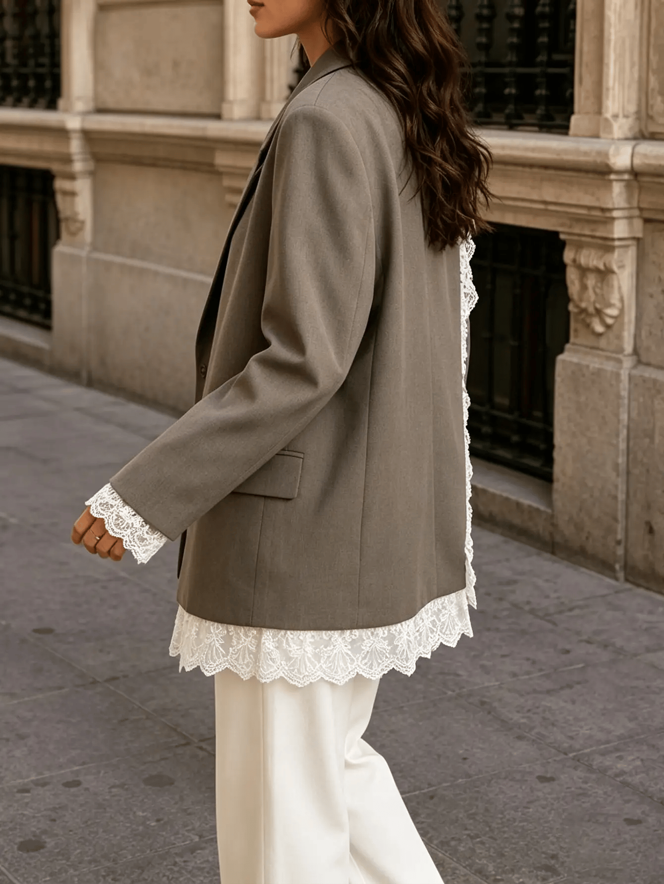 Grey Oversized Blazer Jacket with Lace Details