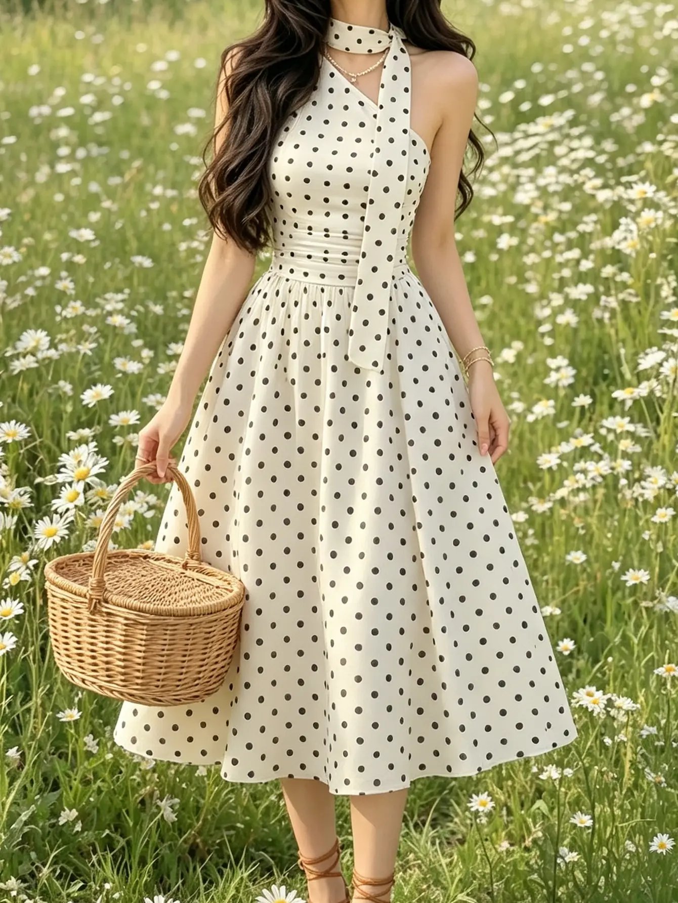 White Polka Dot A-Line Halter Midi Dress