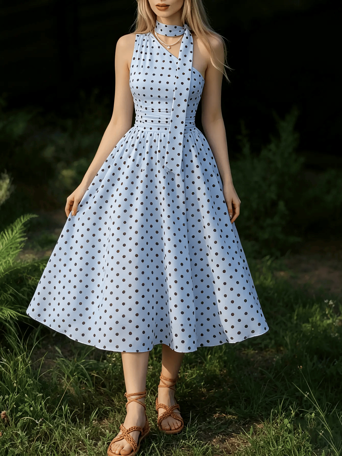 Blue Polka Dot A-Line Midi Dress with Halter Neck