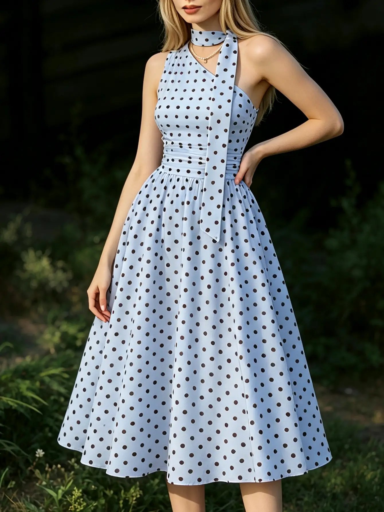 Blue Polka Dot A-Line Midi Dress with Halter Neck