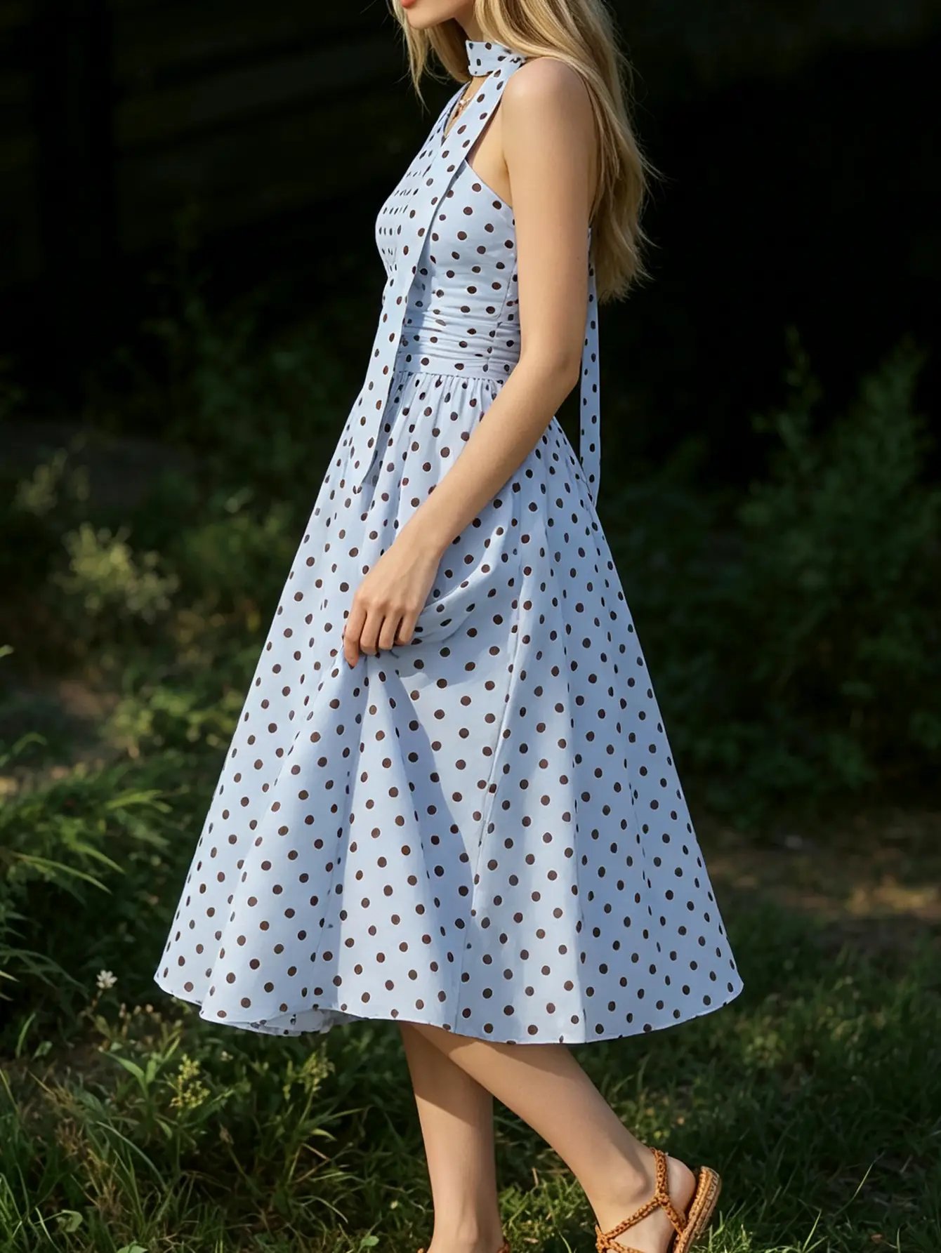 Blue Polka Dot A-Line Midi Dress with Halter Neck