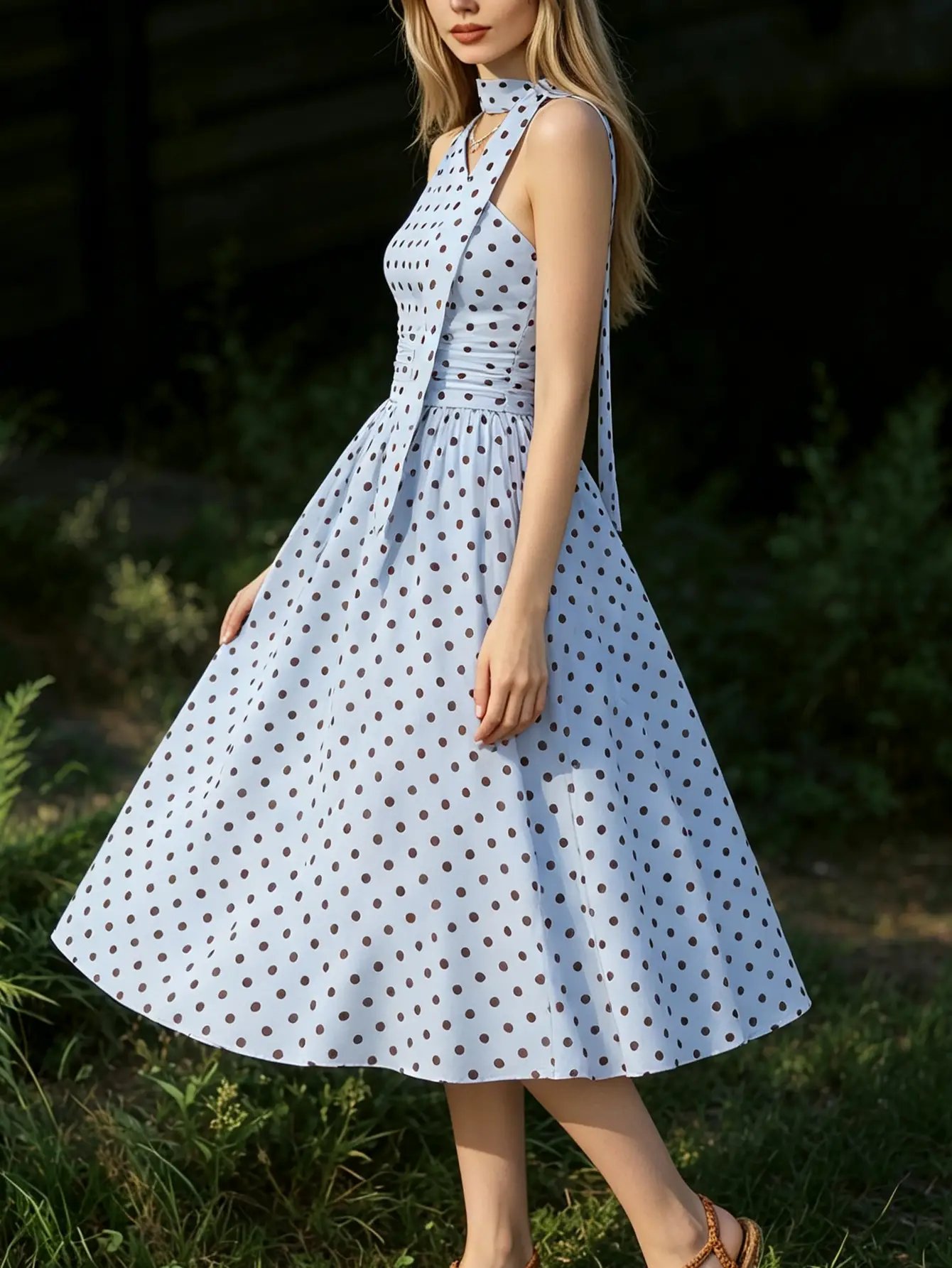 Blue Polka Dot A-Line Midi Dress with Halter Neck