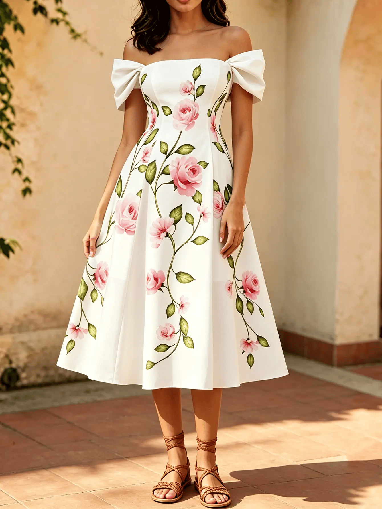 White Floral A-Line Midi Dress with Off-Shoulder Sleeves