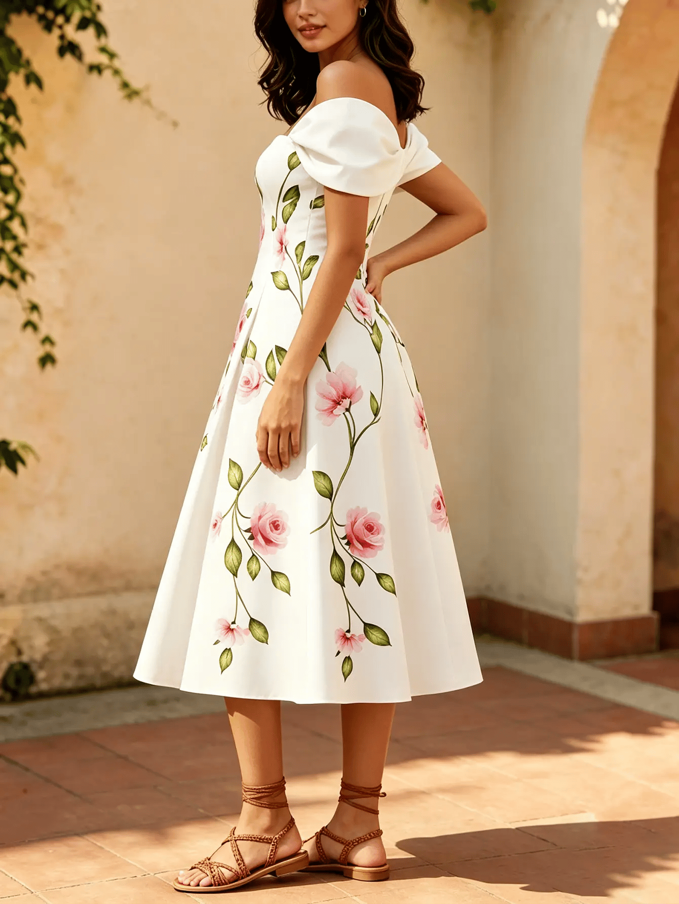 White Floral A-Line Midi Dress with Off-Shoulder Sleeves