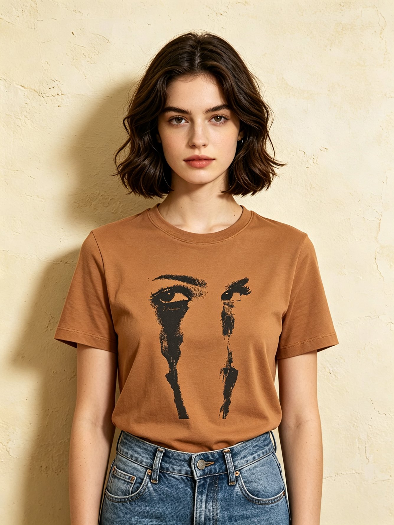 Beige Knitted T-Shirt with Eye Print