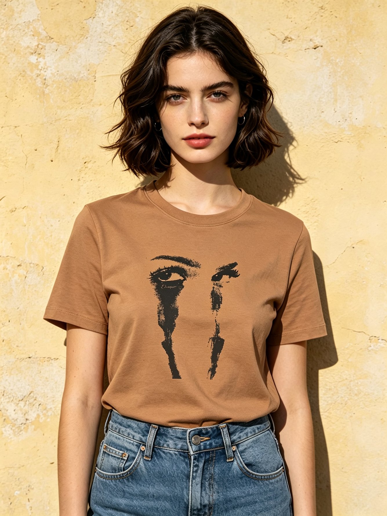 Beige Knitted T-Shirt with Eye Print