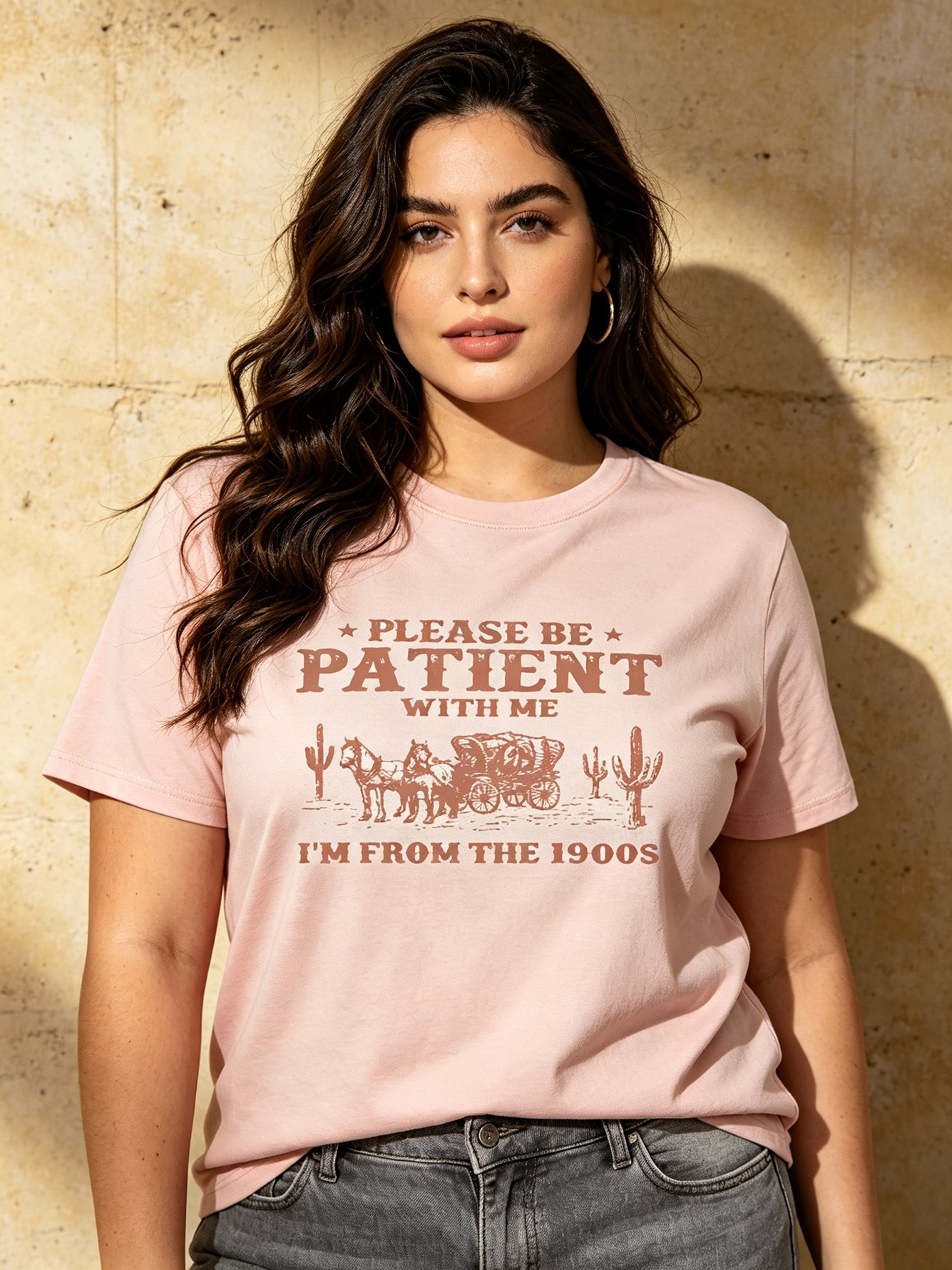 Light Pink Cotton T-Shirt with Western Wagon Print