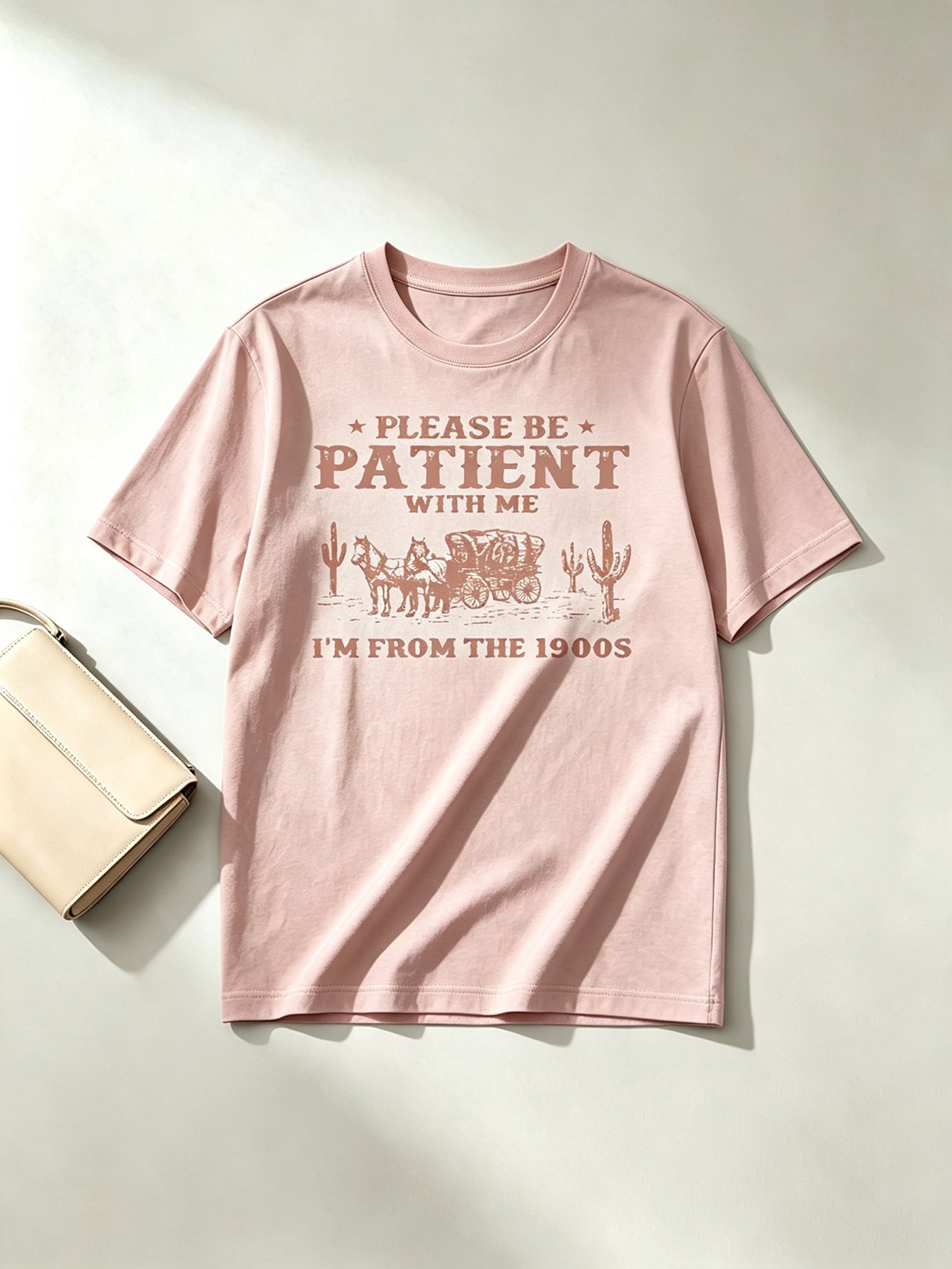 Light Pink Cotton T-Shirt with Western Wagon Print