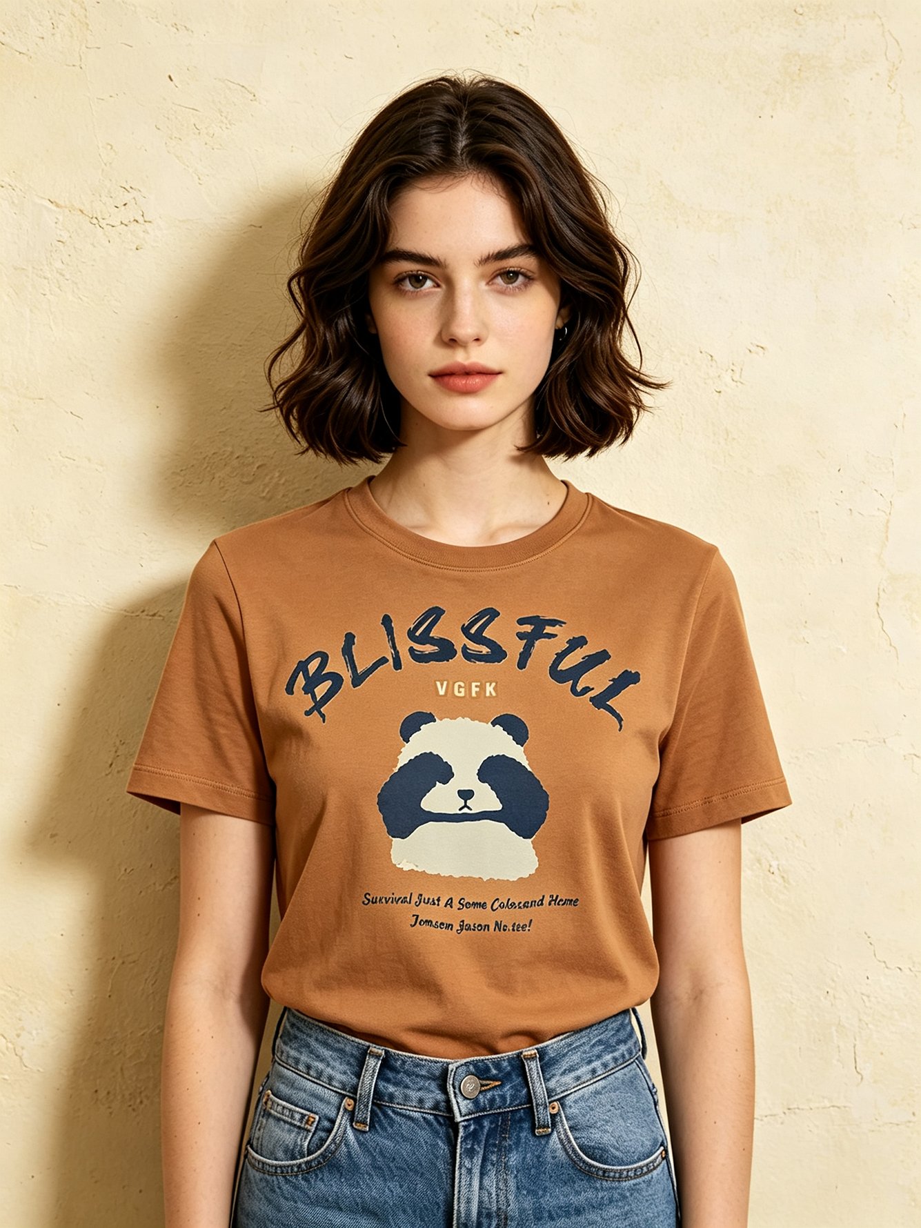 Beige Knitted Panda Print T-Shirt