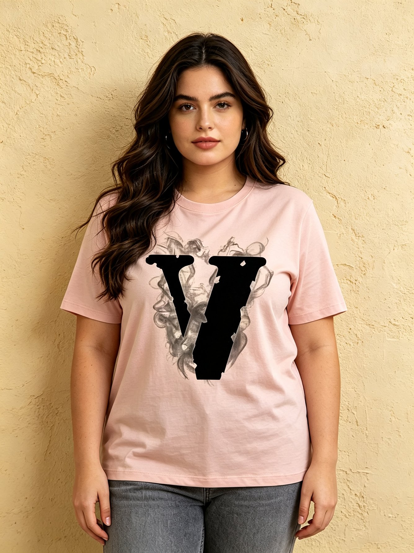 Light Pink Knitted T-Shirt with V Print