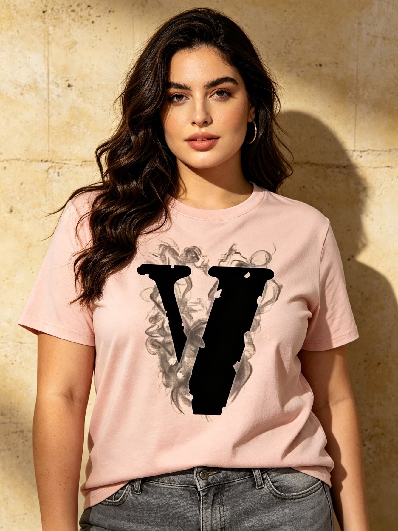 Light Pink Knitted T-Shirt with V Print