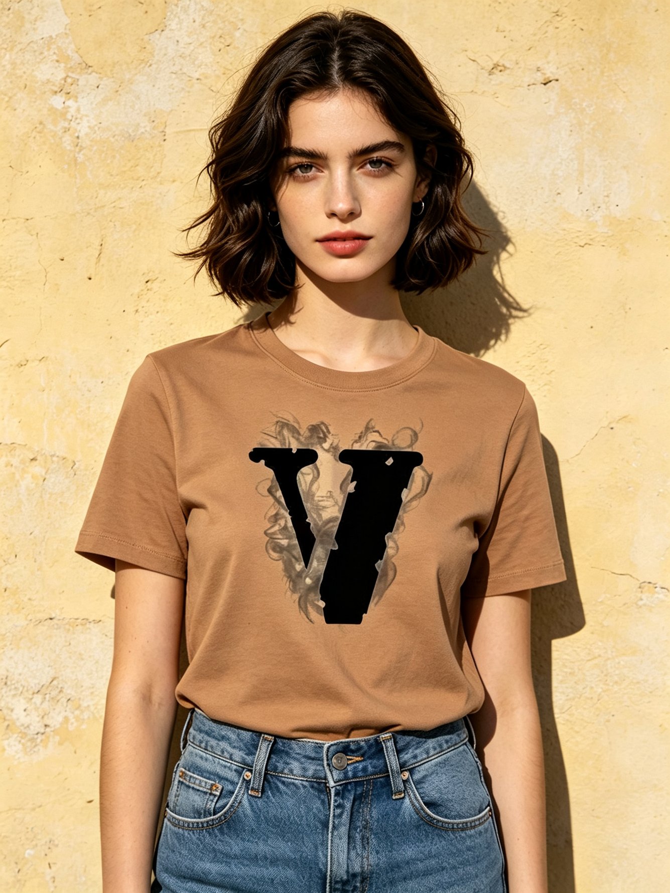 Beige Cotton T-Shirt with V Graphic
