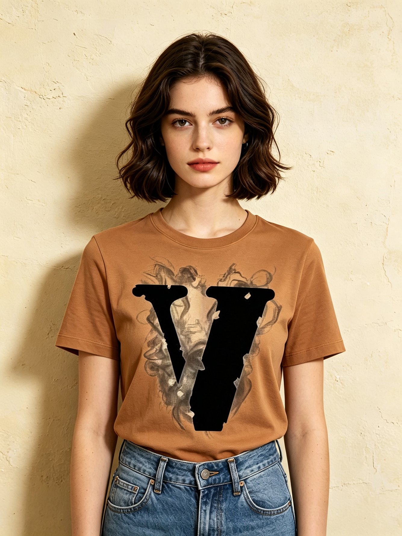 Beige Cotton T-Shirt with V Graphic