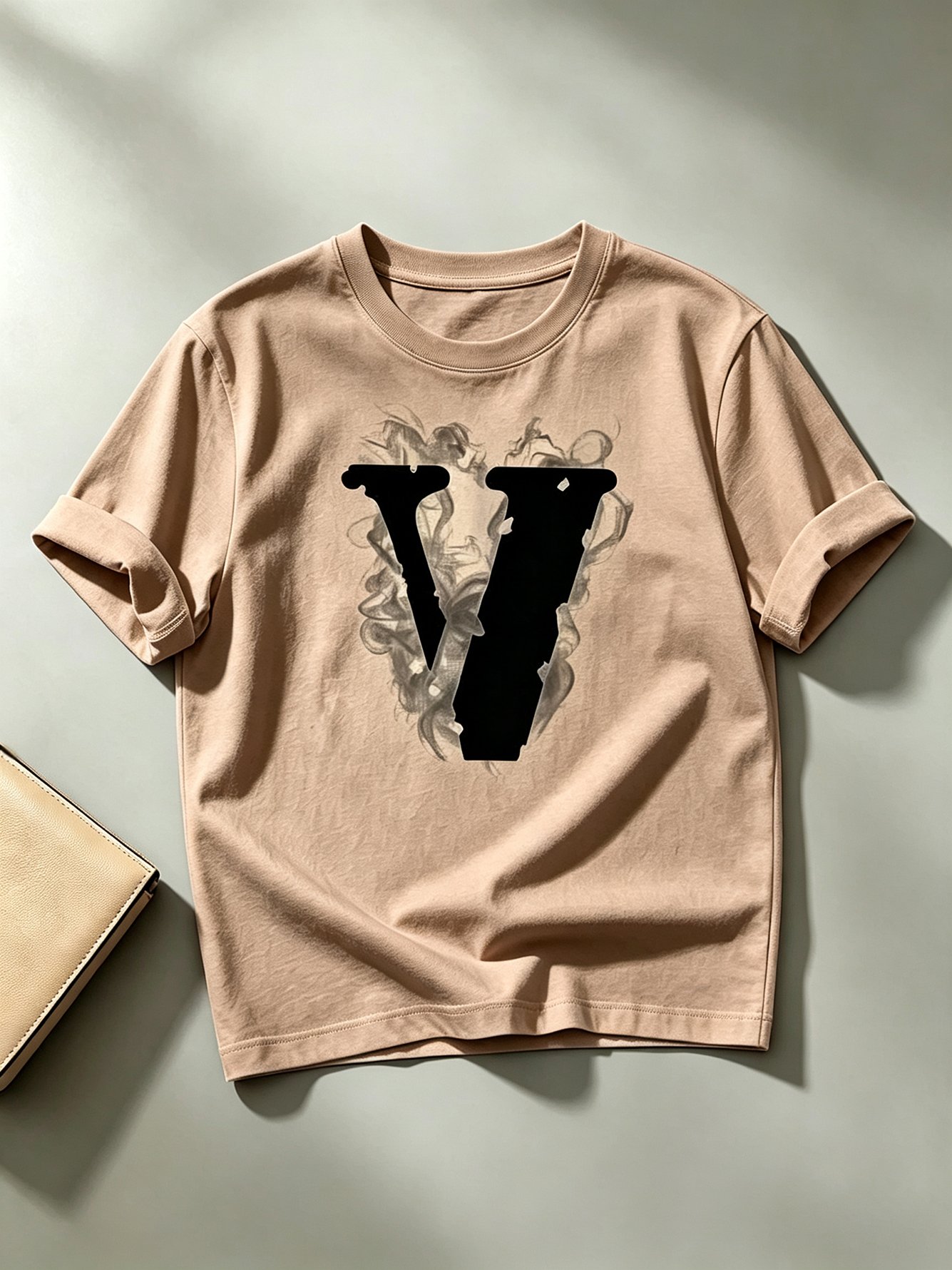 Beige Cotton T-Shirt with V Graphic