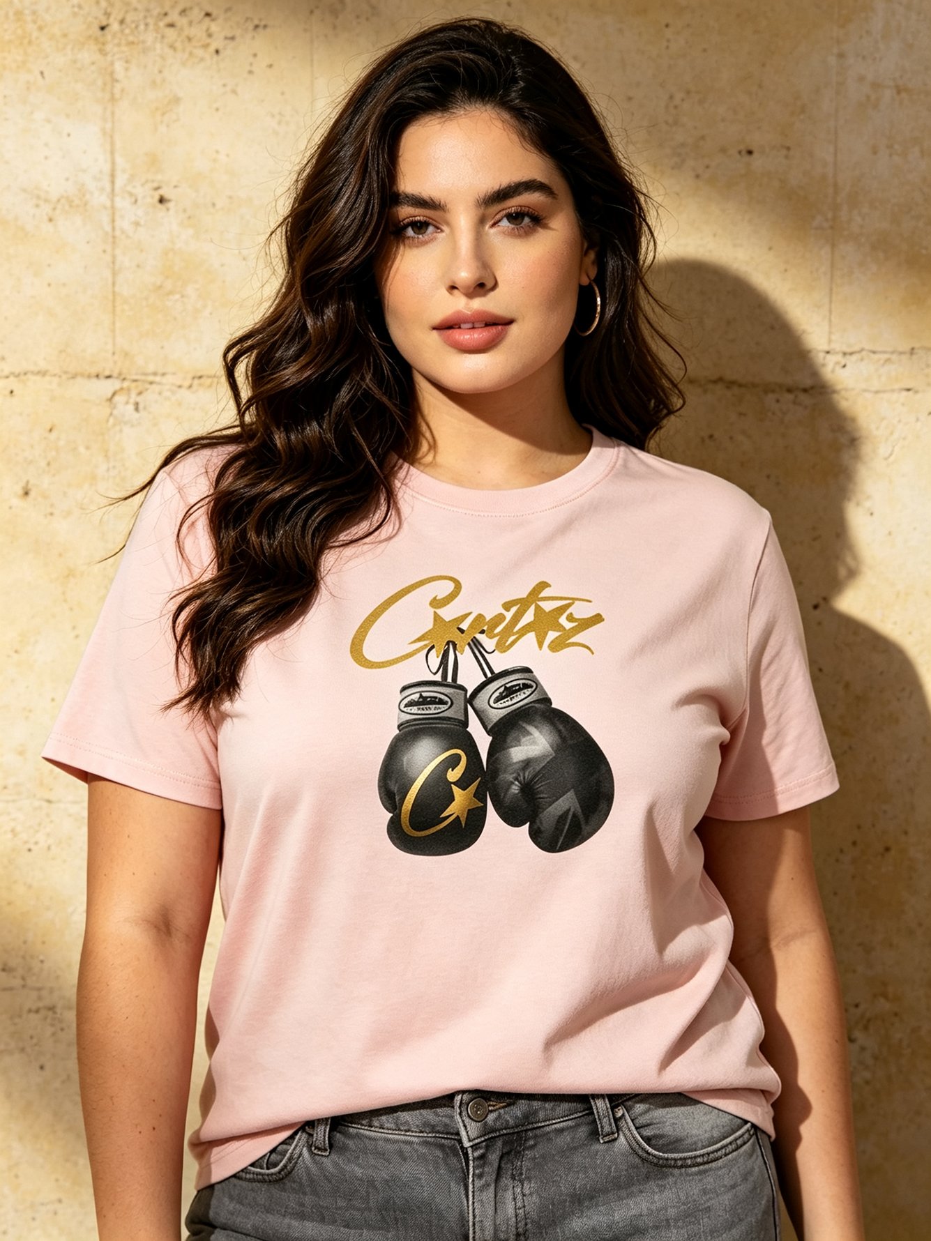 Light Pink Knit Cotton T-Shirt with Boxing Gloves Print
