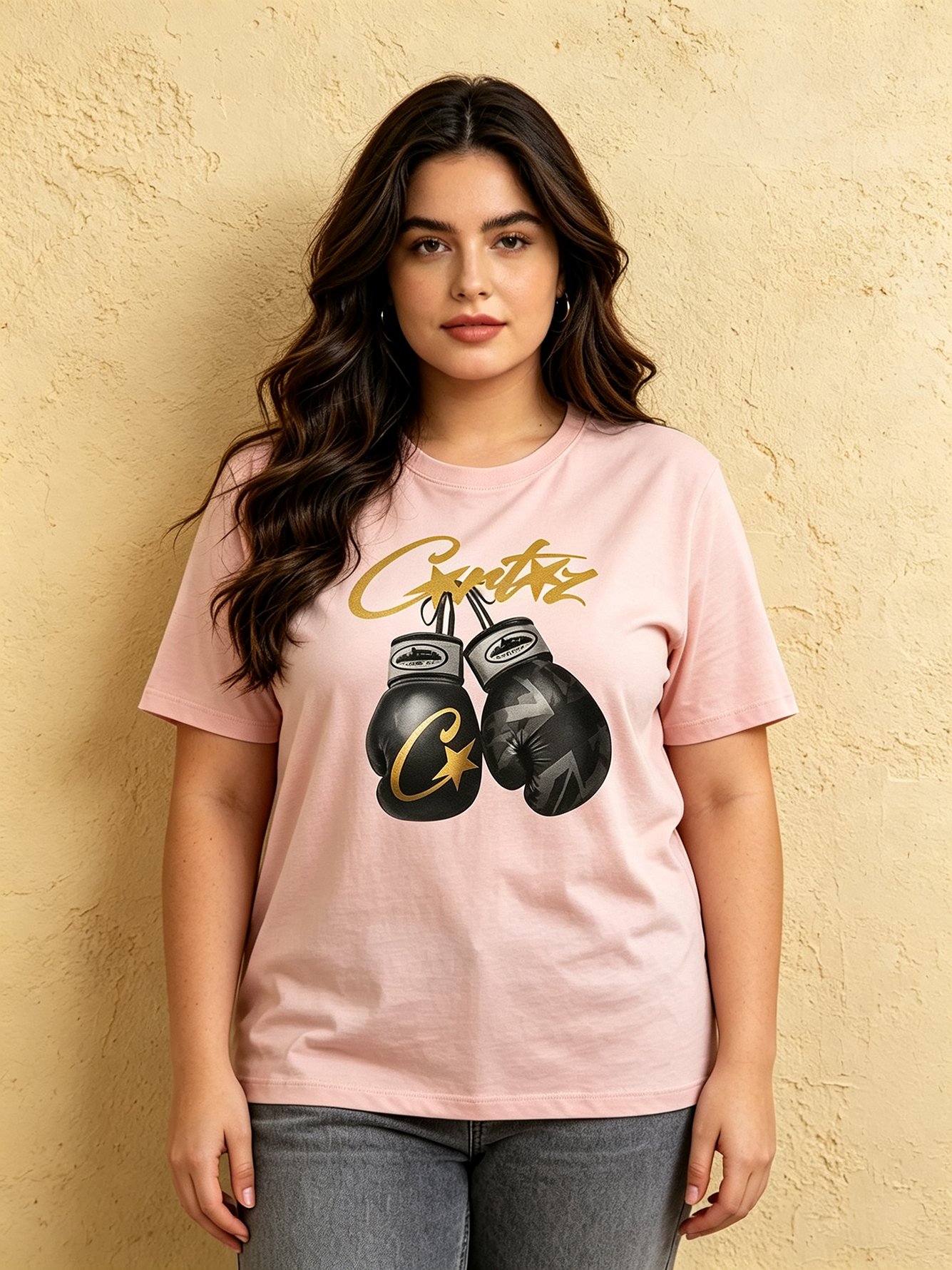 Light Pink Knit Cotton T-Shirt with Boxing Gloves Print