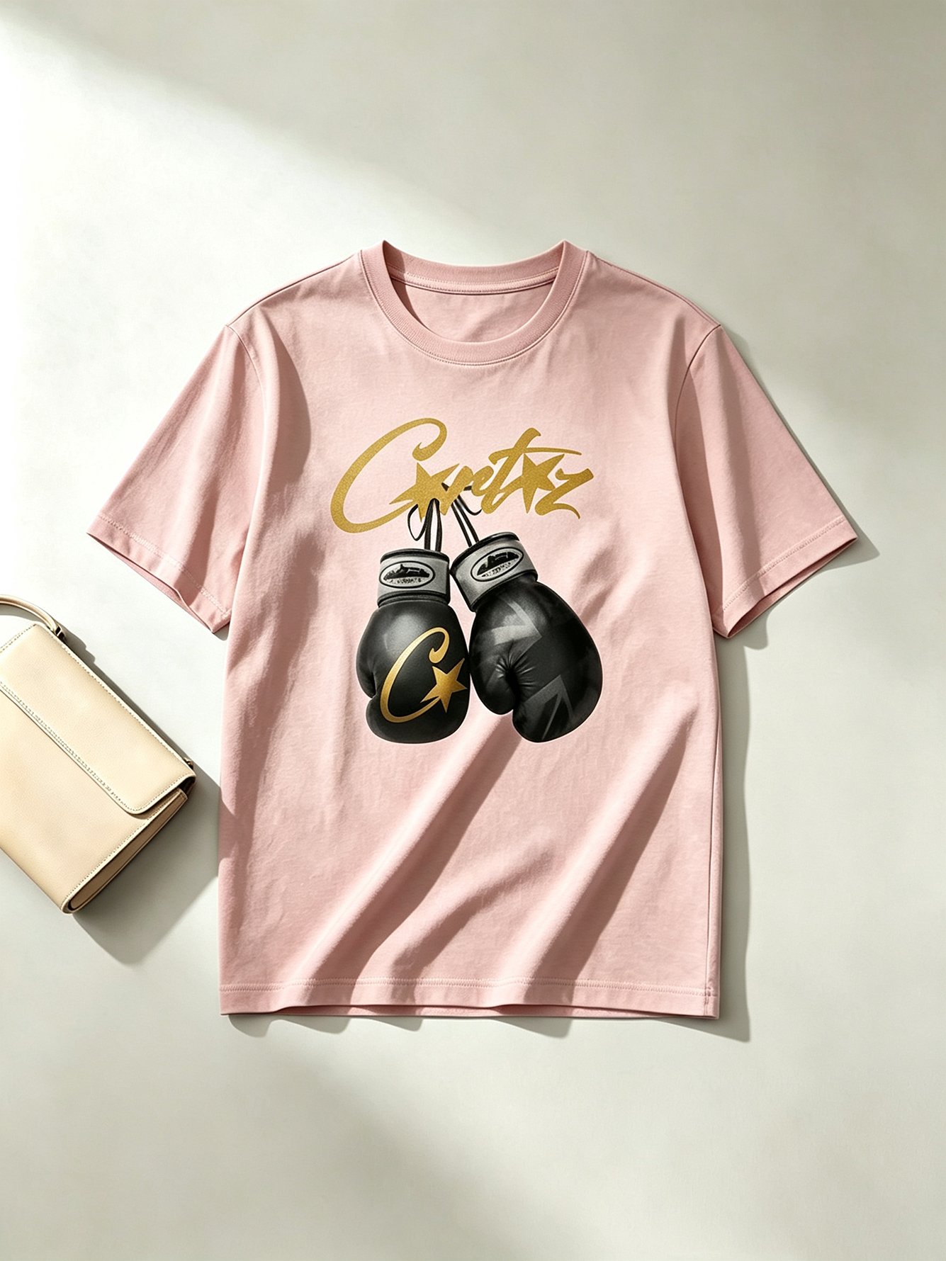Light Pink Knit Cotton T-Shirt with Boxing Gloves Print
