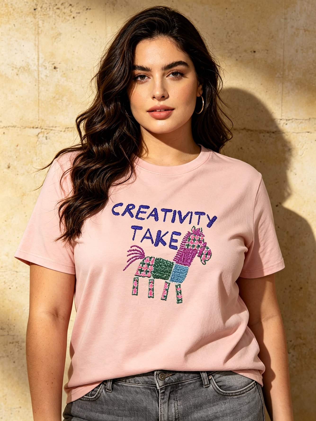 Pink Cotton T-Shirt with Embroidered Pinata Design