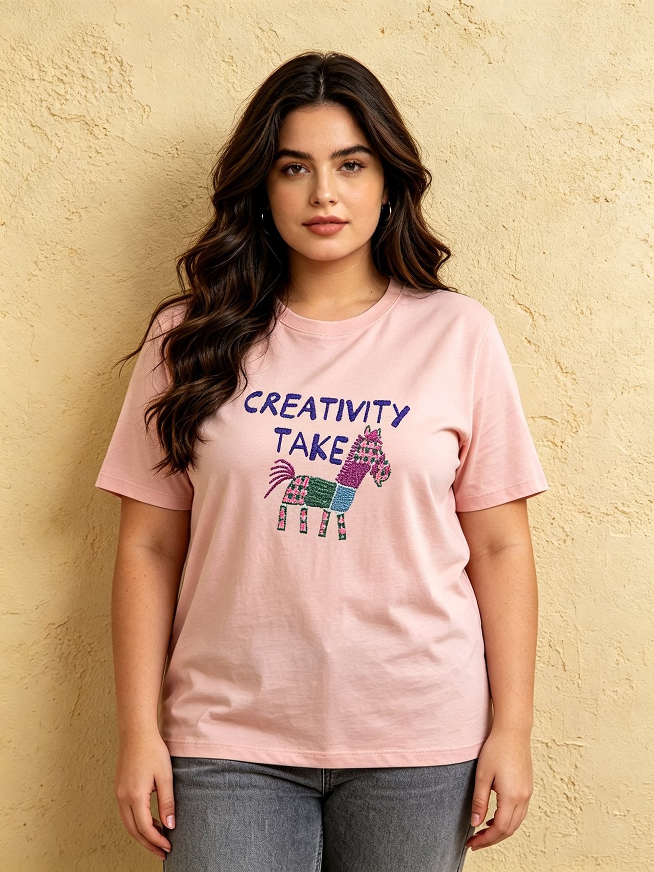 Pink Cotton T-Shirt with Embroidered Pinata Design