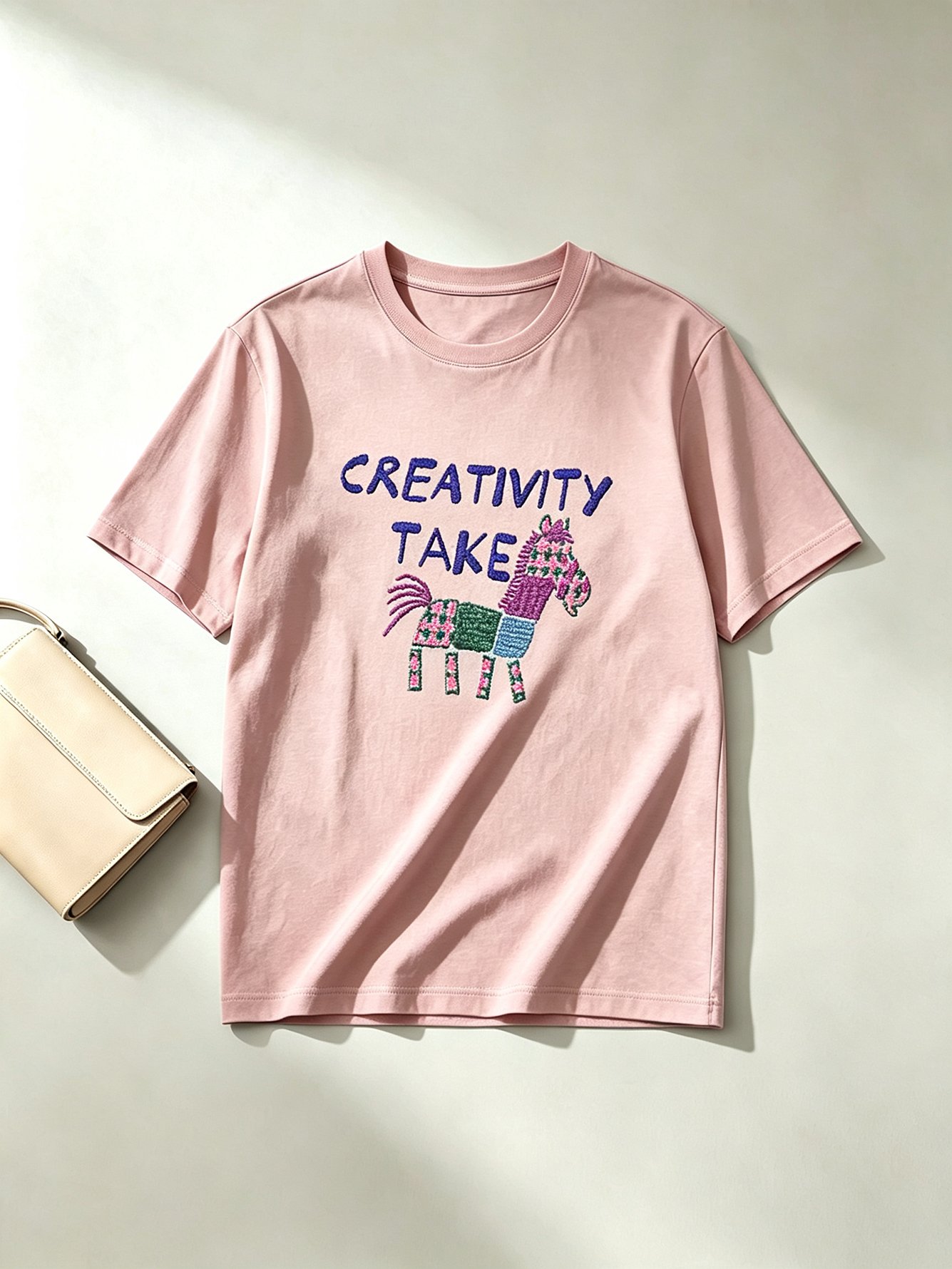 Pink Cotton T-Shirt with Embroidered Pinata Design