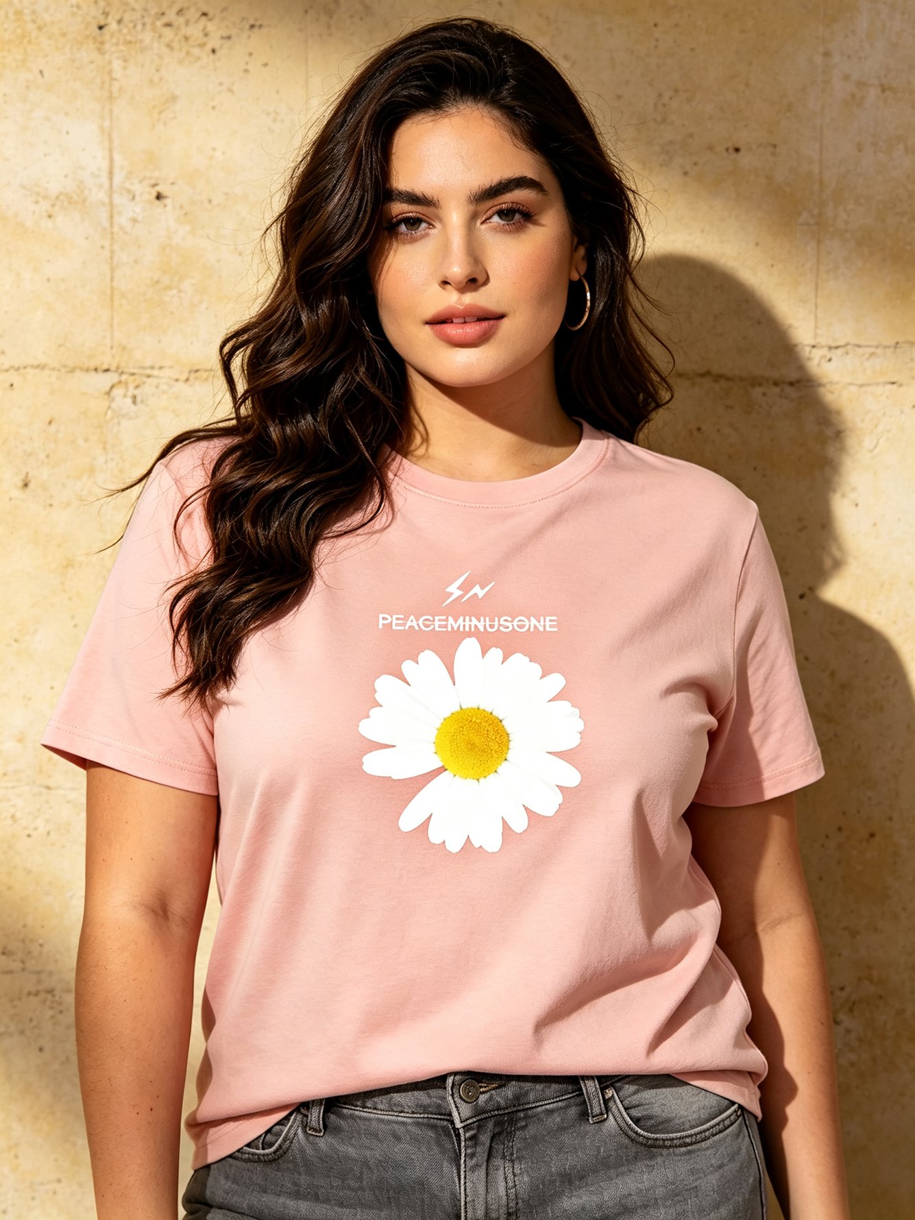 Light Pink Relaxed Fit Cotton T-Shirt with Daisy Print