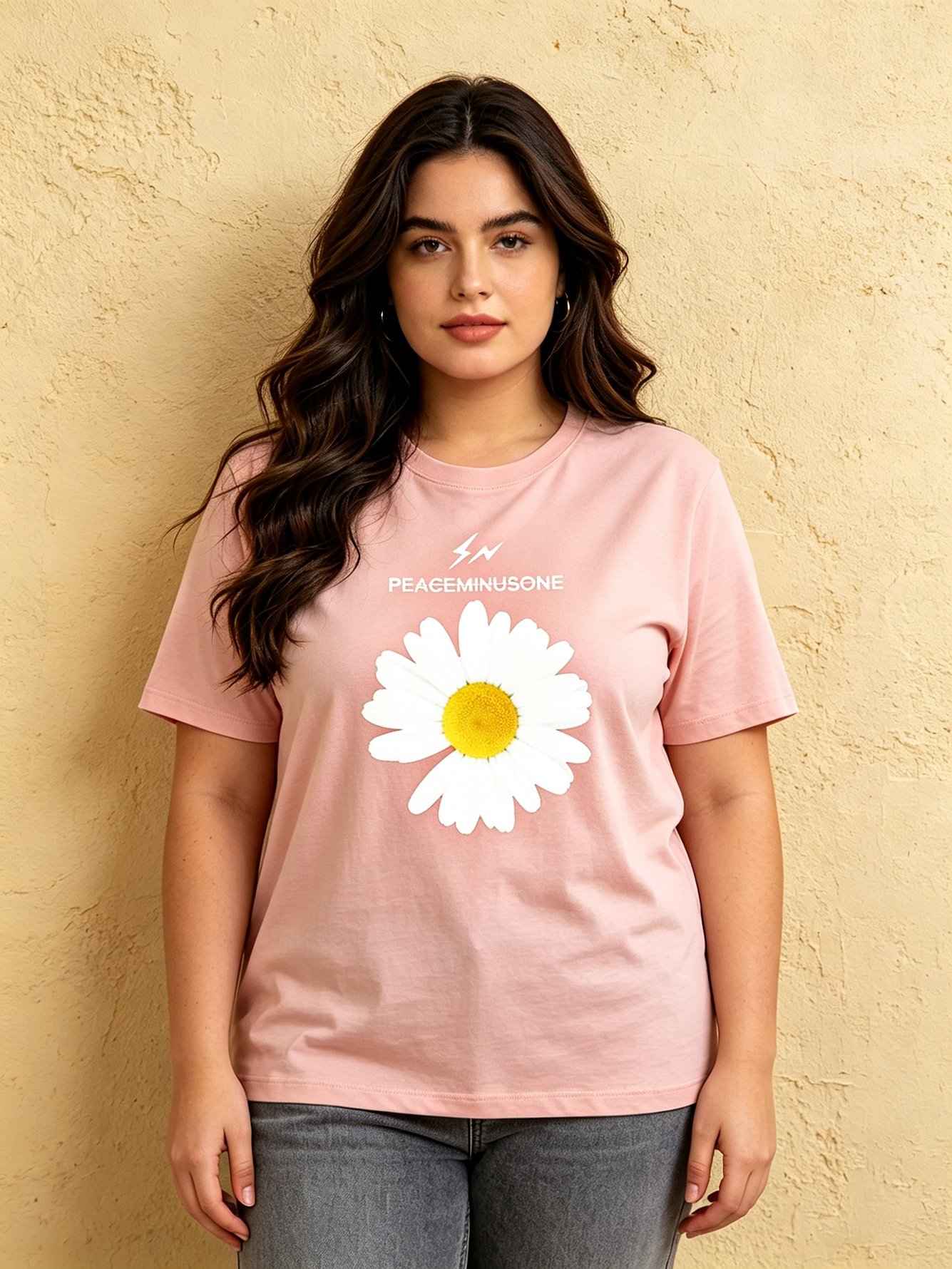 Light Pink Relaxed Fit Cotton T-Shirt with Daisy Print