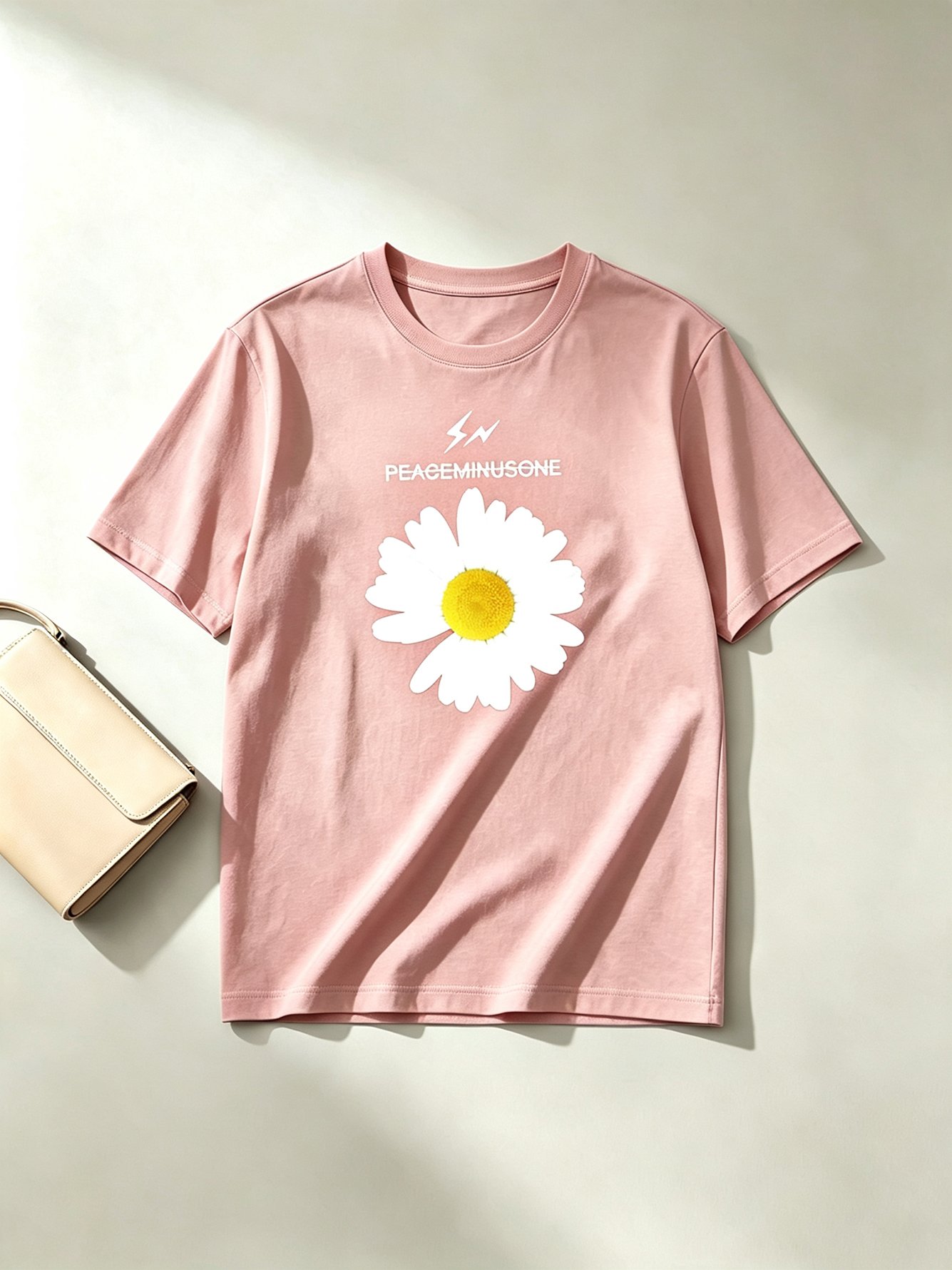 Light Pink Relaxed Fit Cotton T-Shirt with Daisy Print