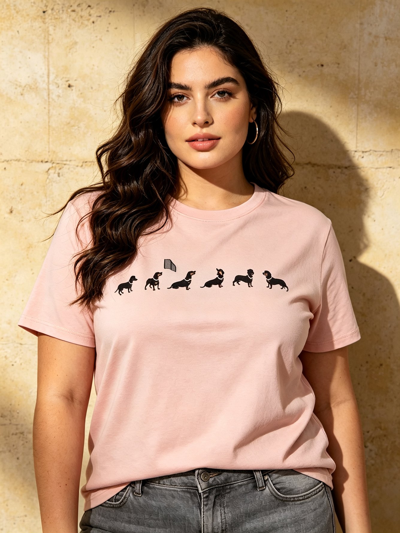 Light Pink Dachshund Print Cotton T-Shirt