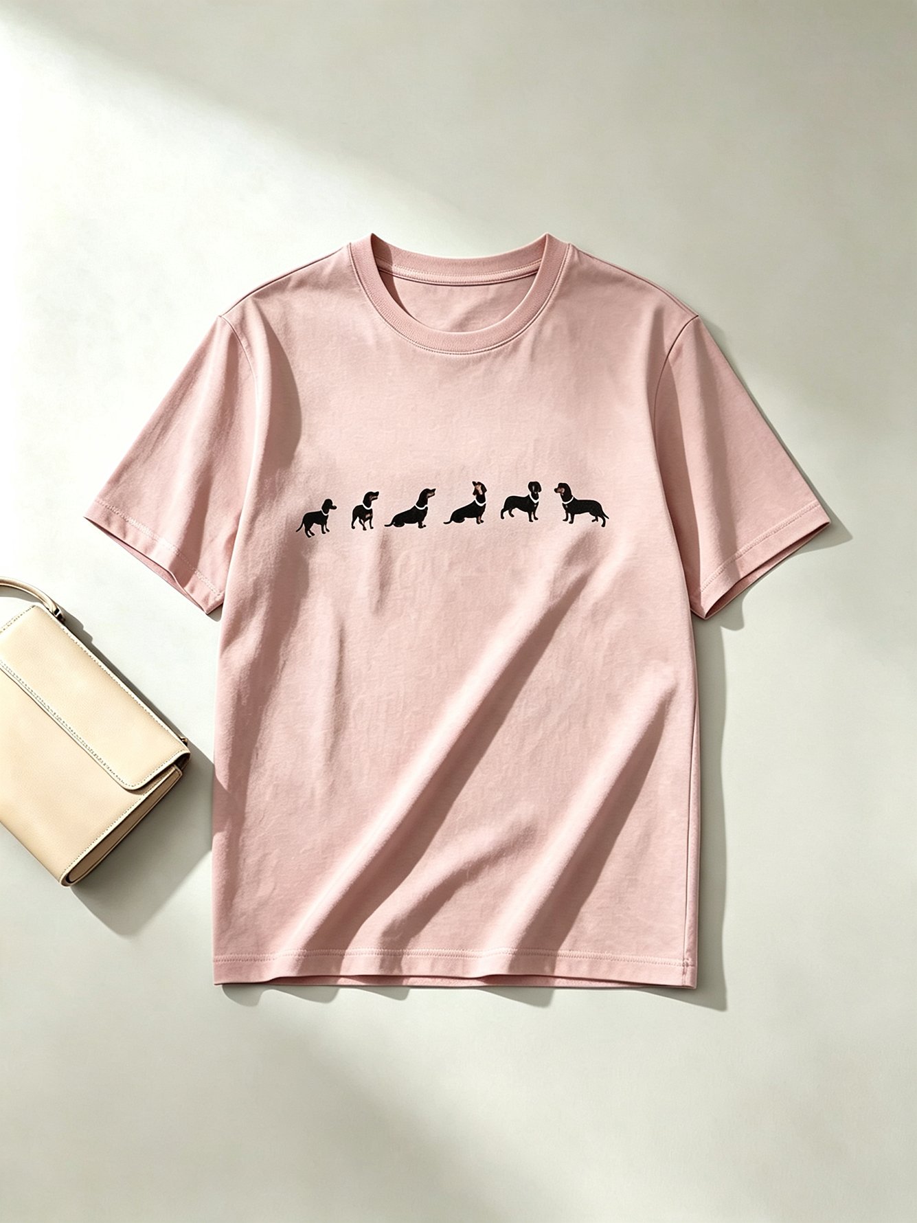 Light Pink Dachshund Print Cotton T-Shirt
