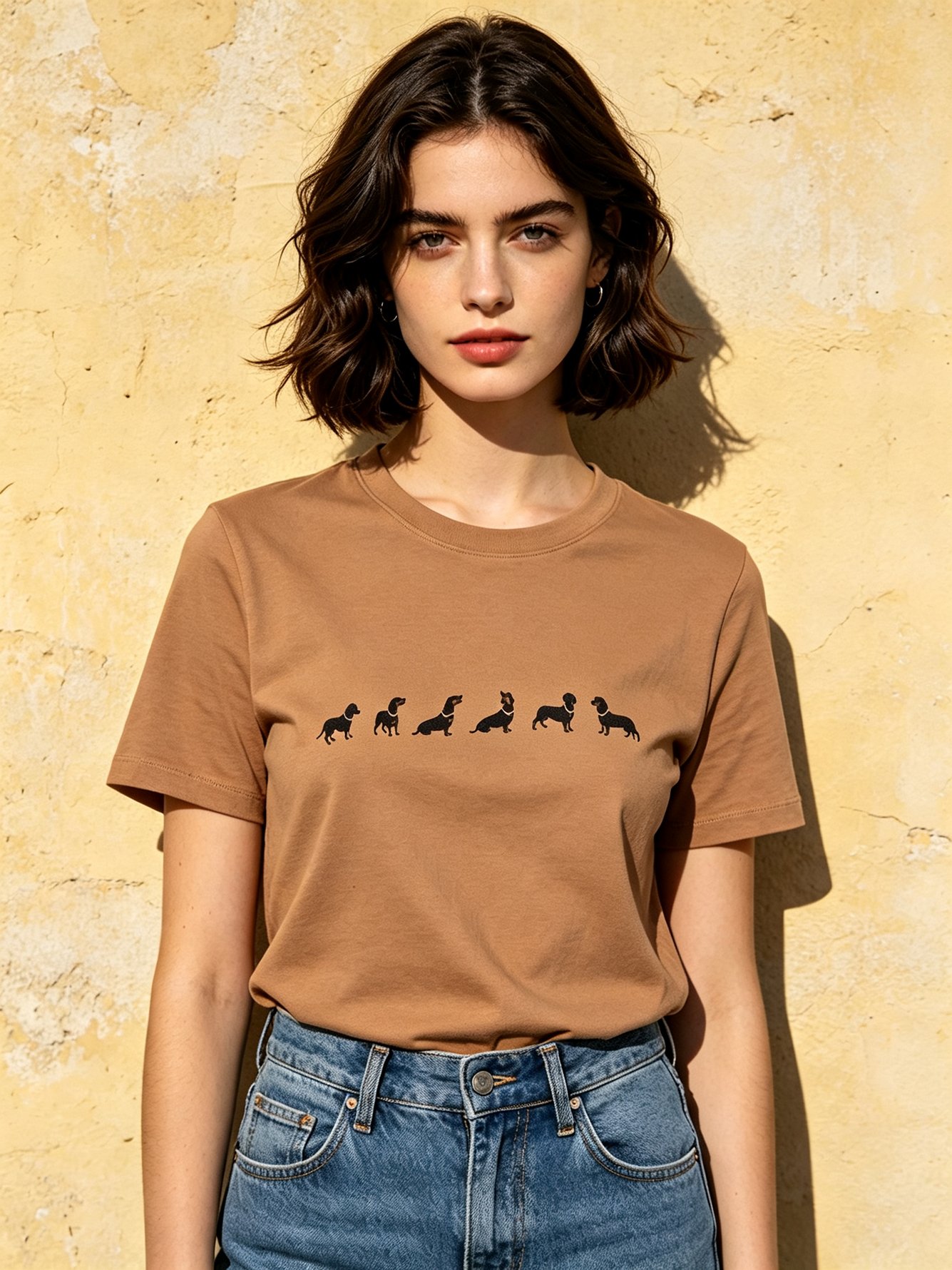 Beige Knitted T-Shirt with Dachshund Print