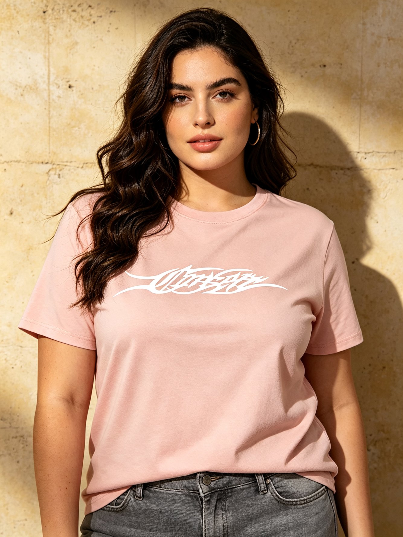 Light Pink Knitted T-Shirt with Bold Graphic Print