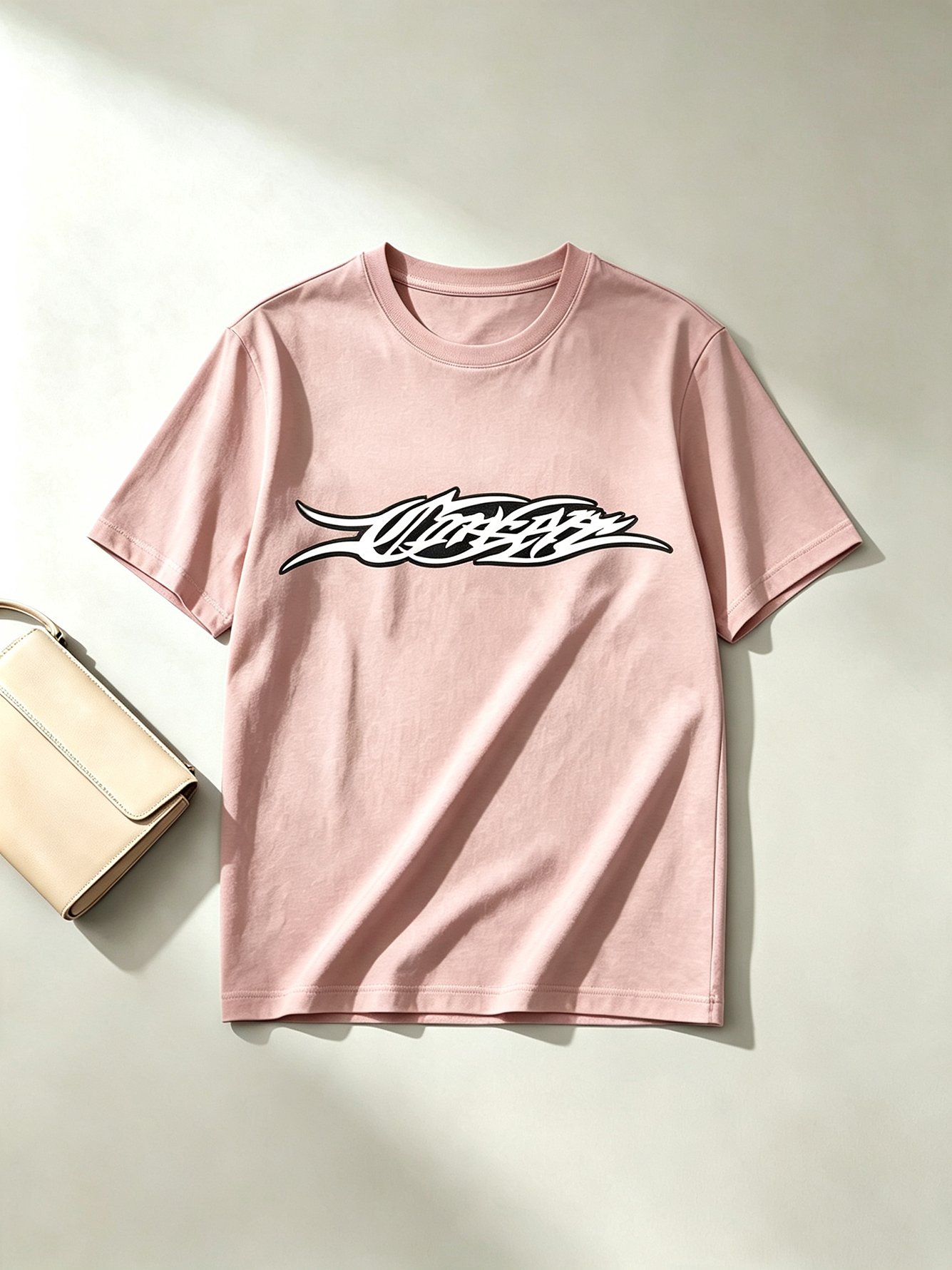 Light Pink Knitted T-Shirt with Bold Graphic Print